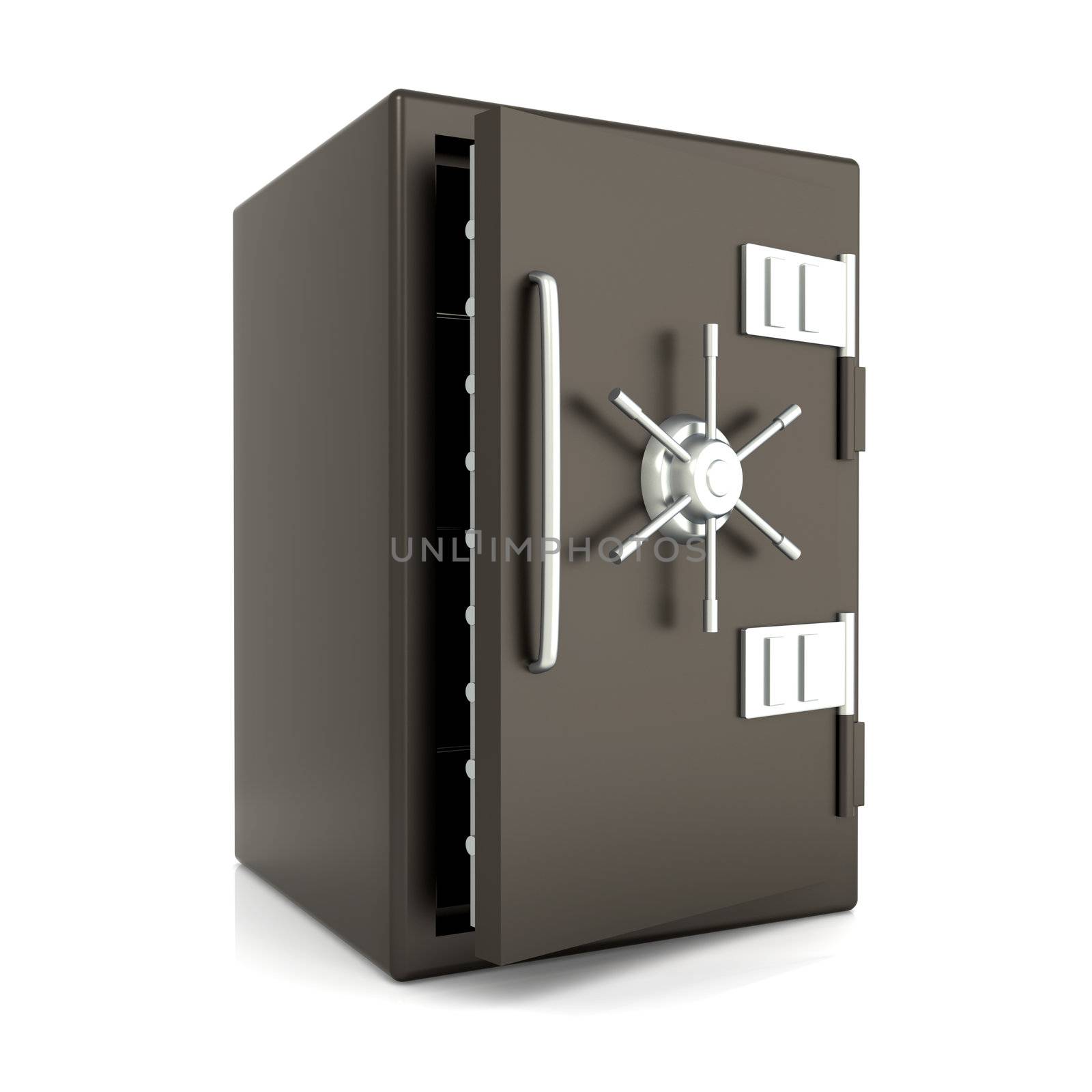 A open bank safe. 3D rendered Illustration. Isolated on white.