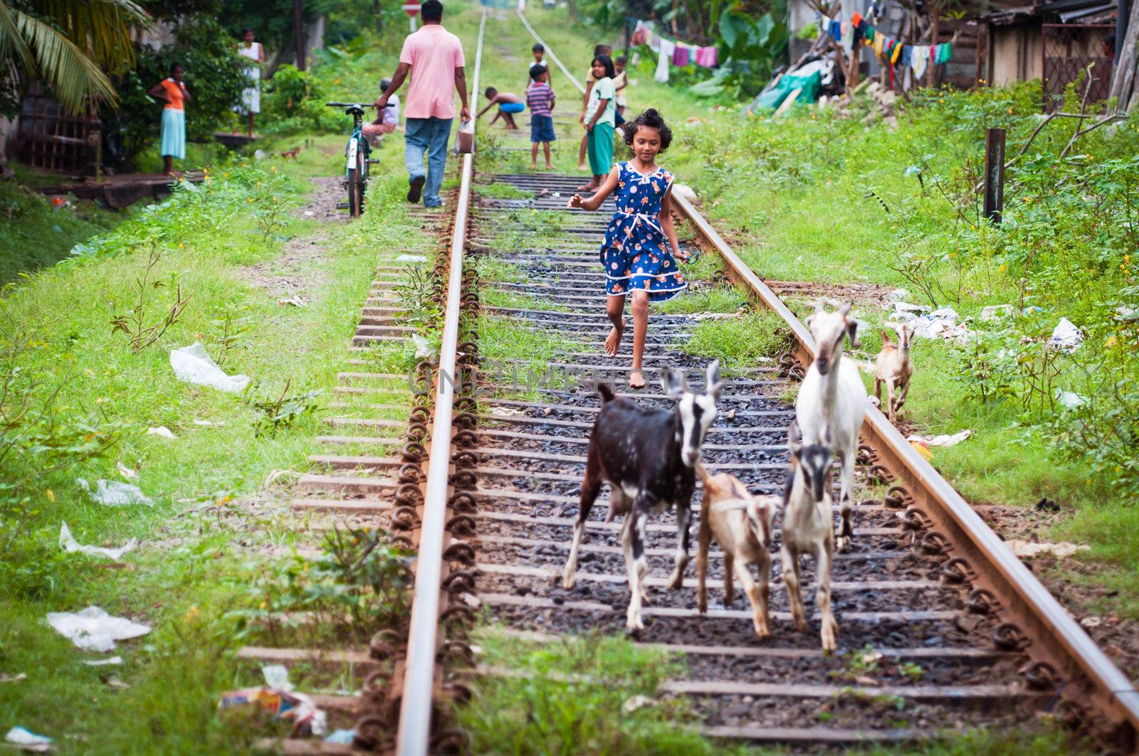 Bendota, Sri Lanka - December 16, 2011: Smiling Sri Lankian carefree girl in dress is running on railway lines with goats on front and playing children on background. Selective focus on the girl.
