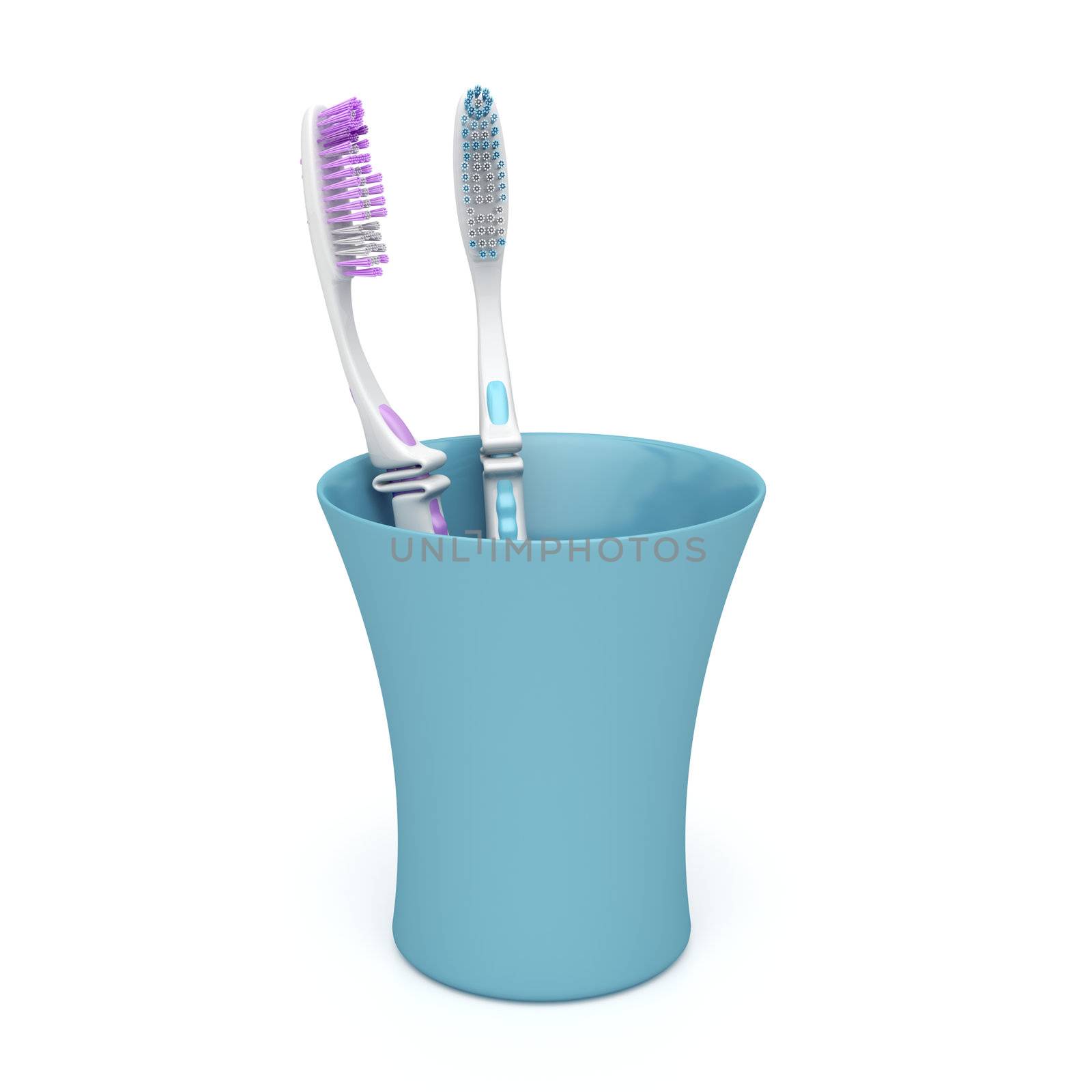 Two toothbrushes in a plastic cup
