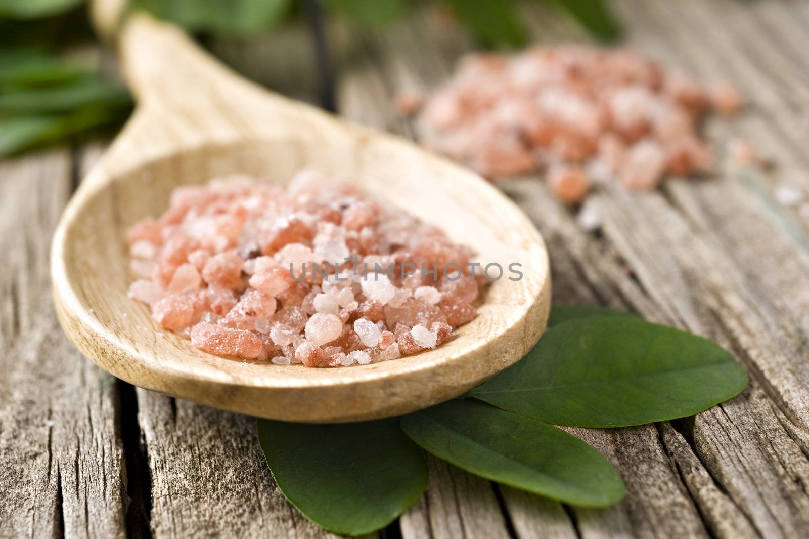 Course pink Himalayan salt on a wooden spoon by tish1