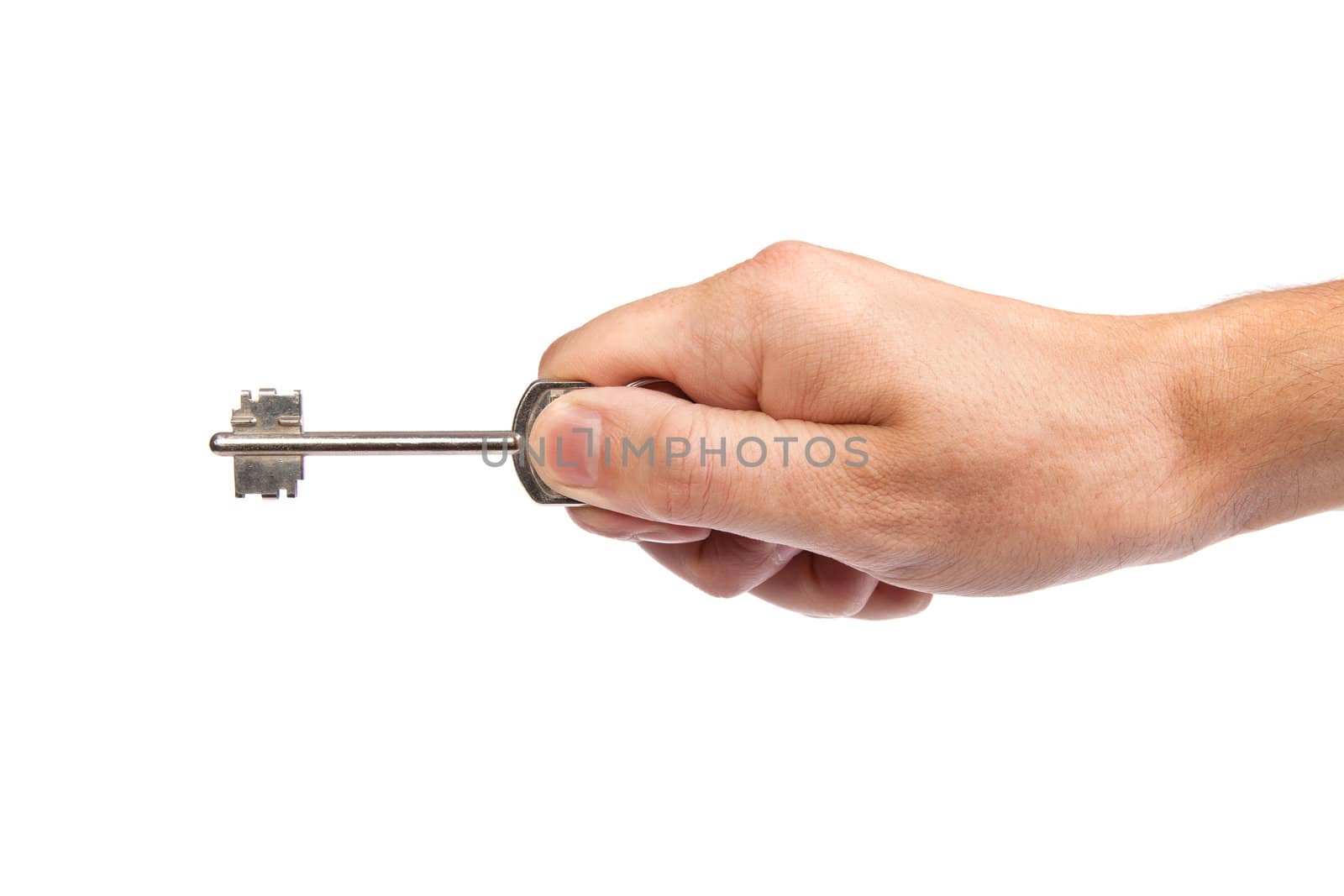 Male hand holding a key to the house, image is taken over a white background.