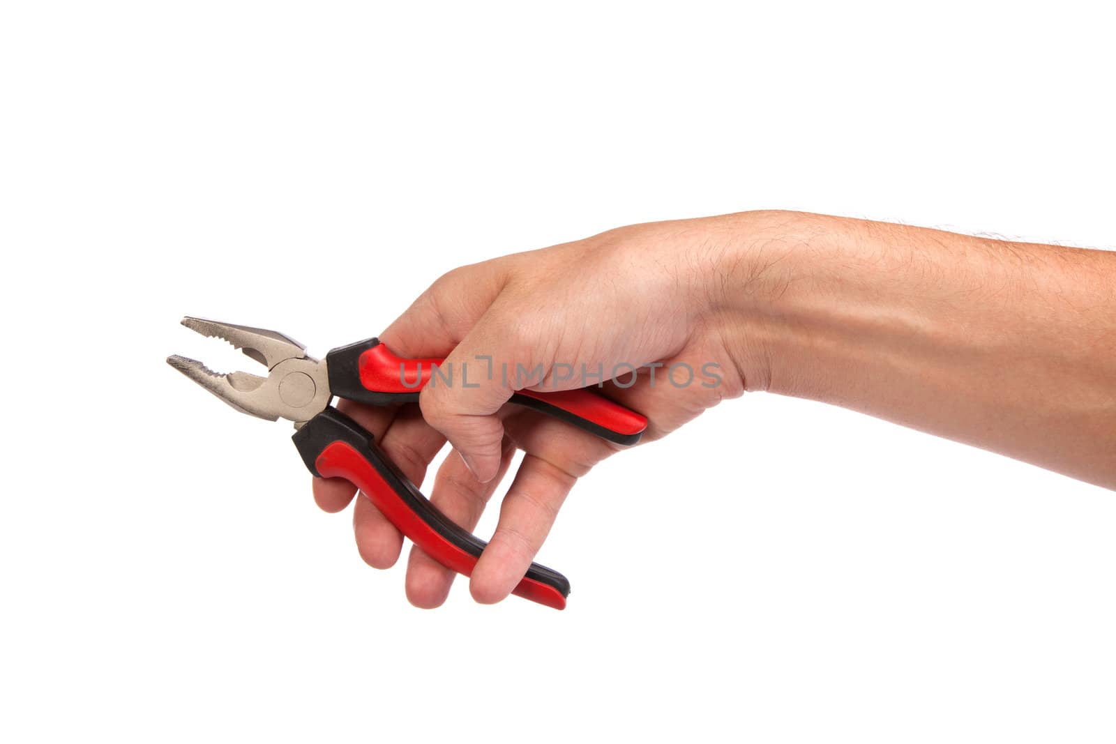 Male hand hold a black and red pliers isolated over white background