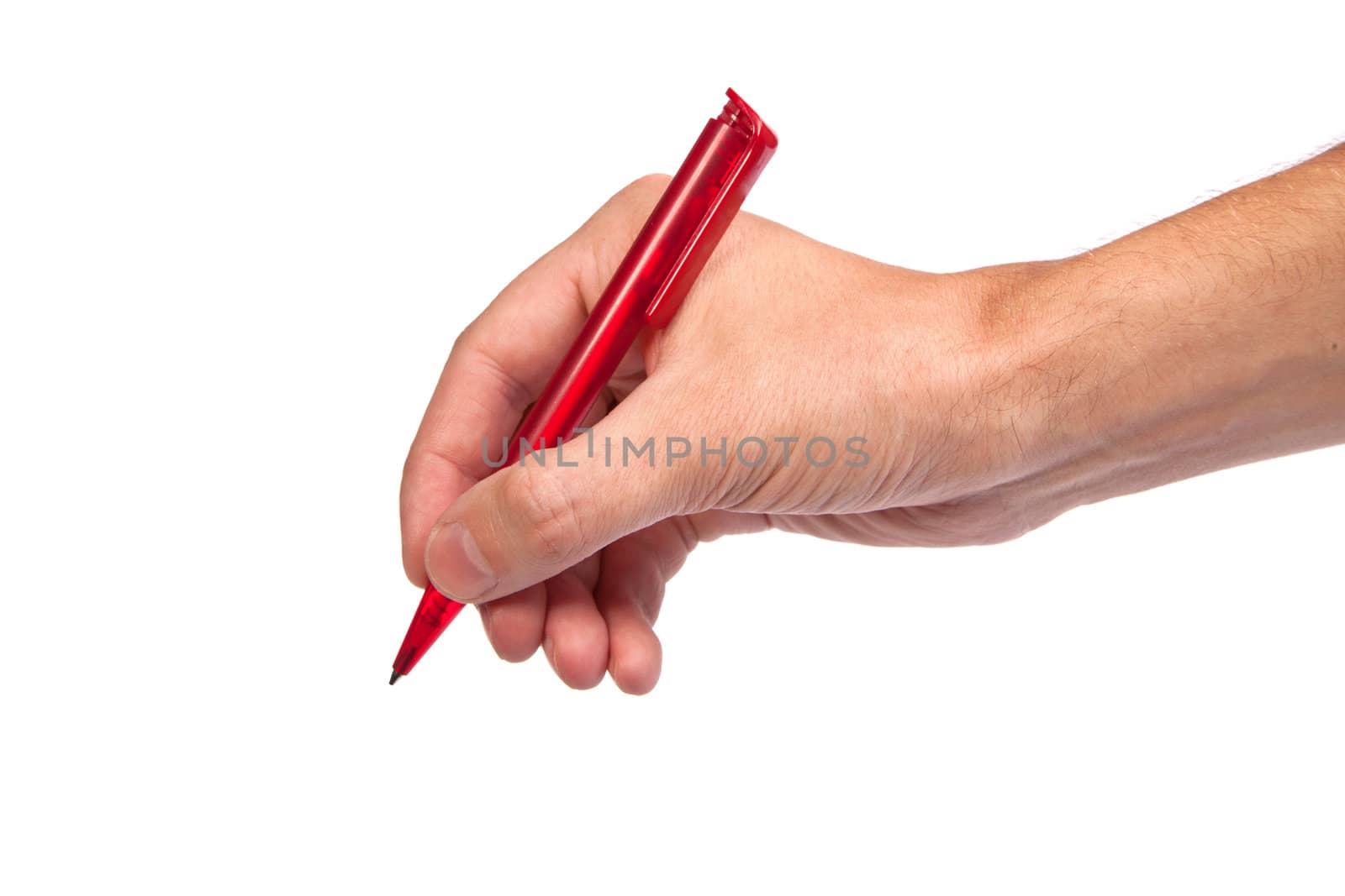 Hand is holding a pen writing on the white background