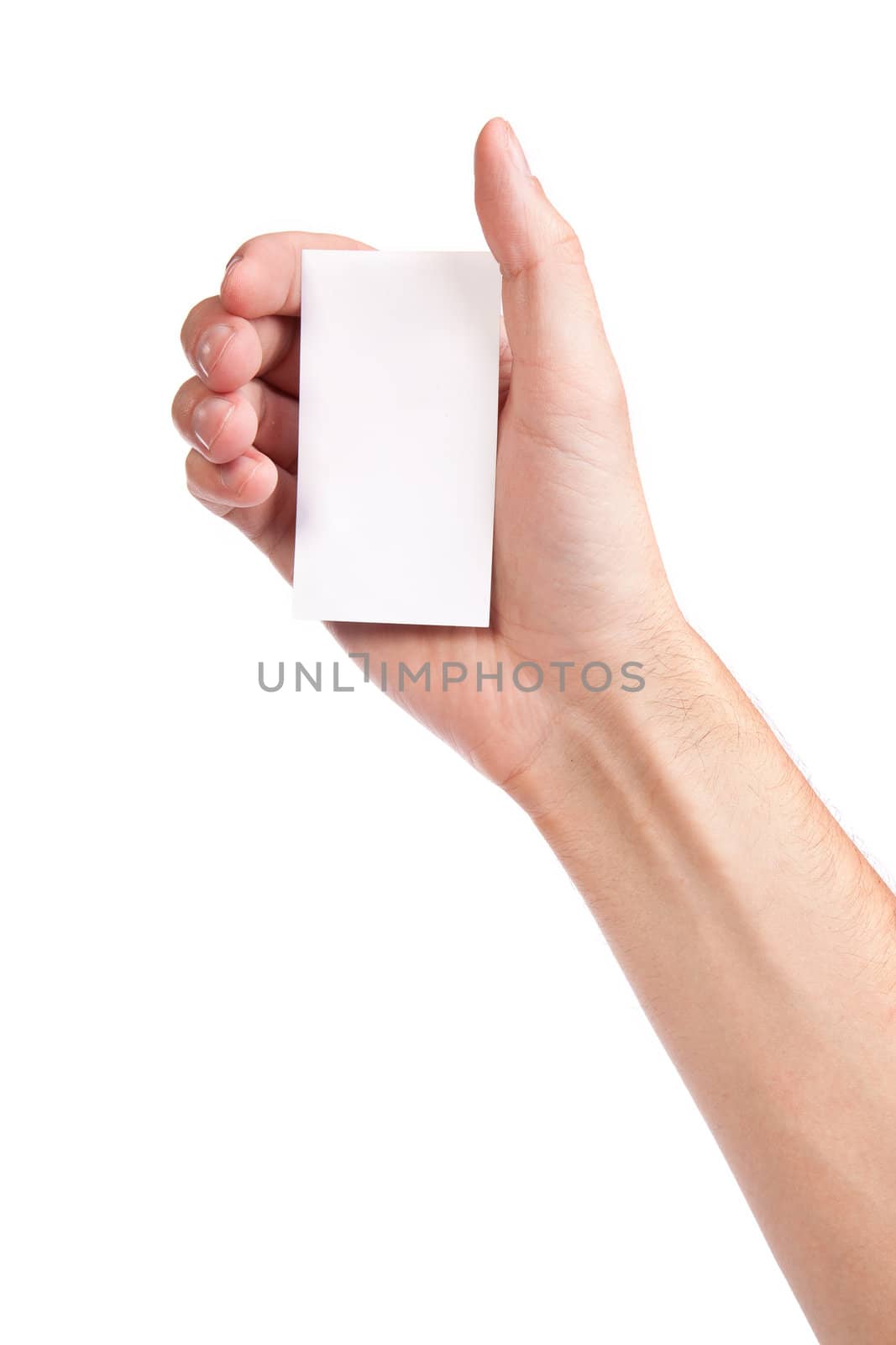 Businessman's hand holding blank paper business card, closeup isolated on white background