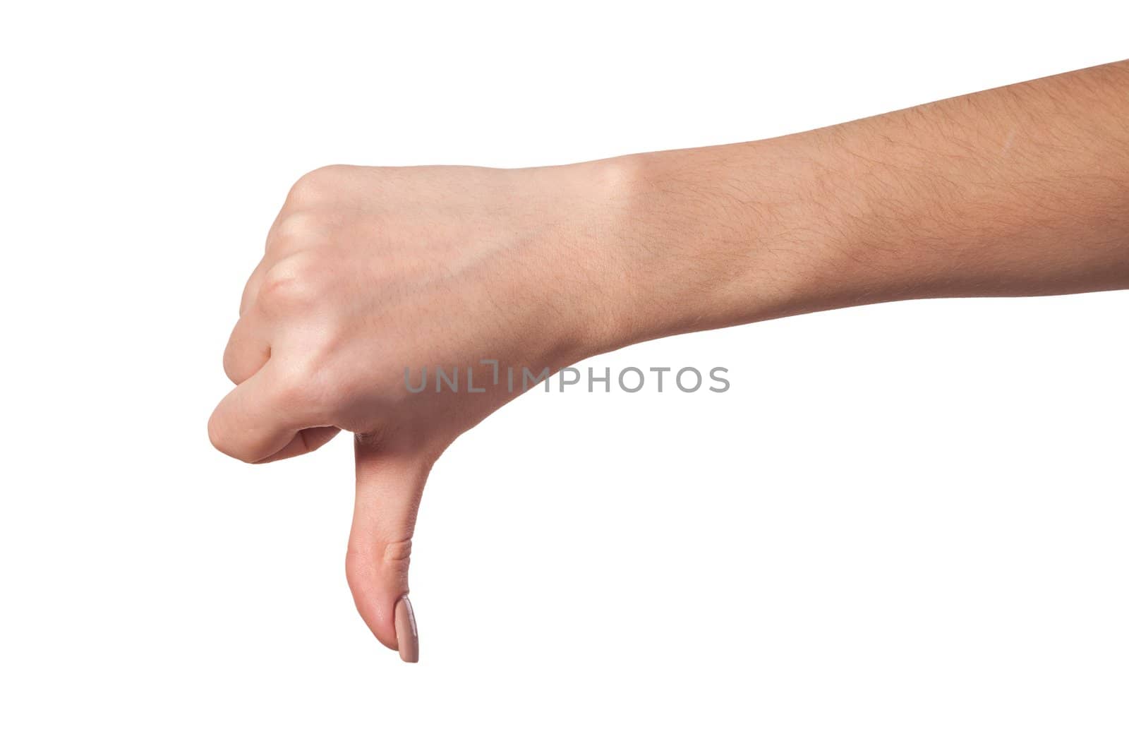 Thumb down Female hand sign isolated on a white bakground