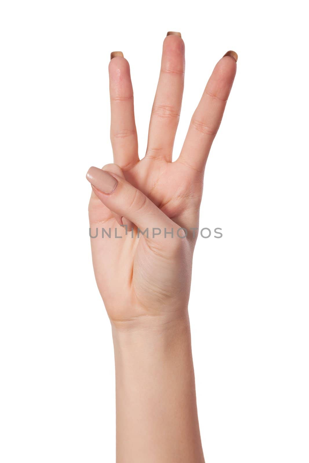 Female hand is showing three fingers isolated on white background
