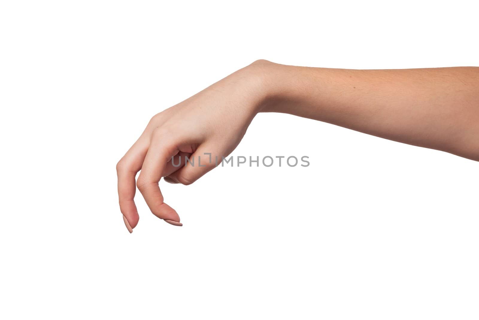 A Female hand is showing the walking fingers isolated on a white background