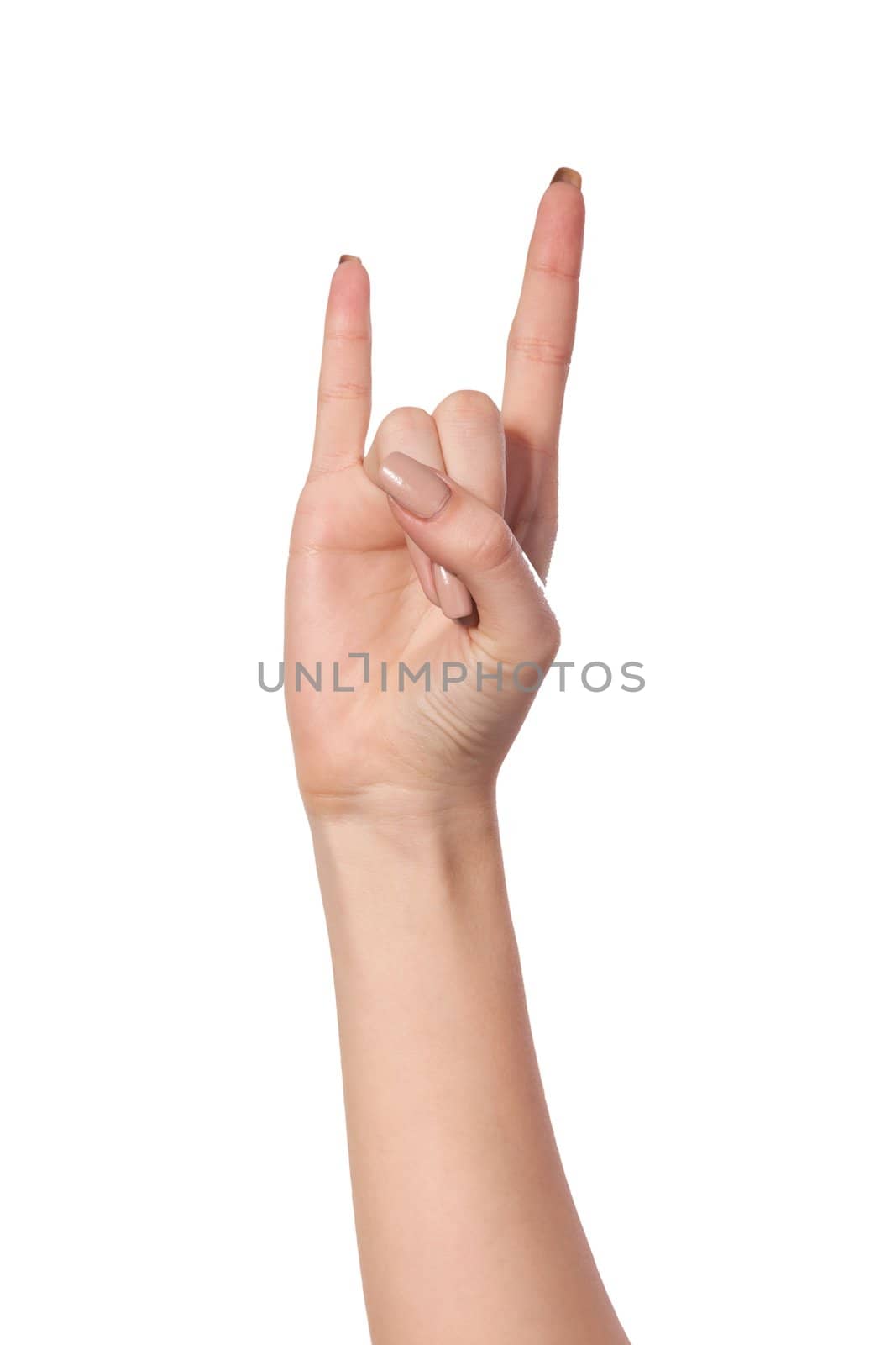 A woman's hand giving the Rock and Roll sign isolated on a white background