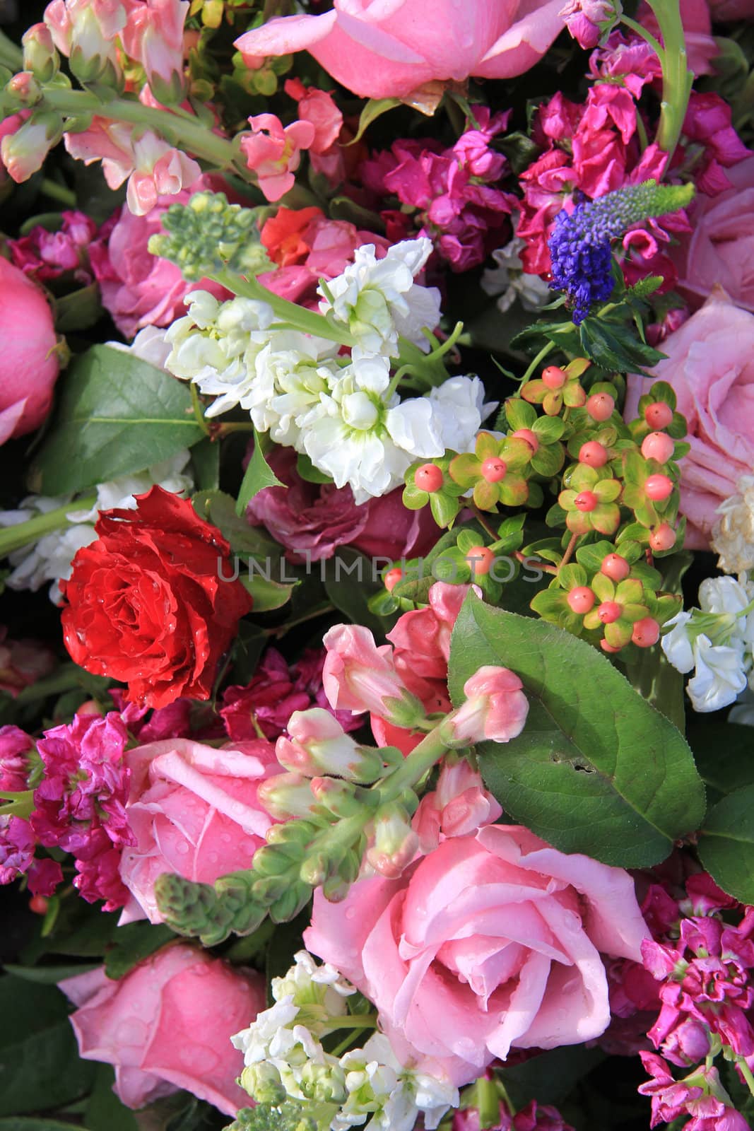 Mixed bouquet in bright colors, pink and red roses
