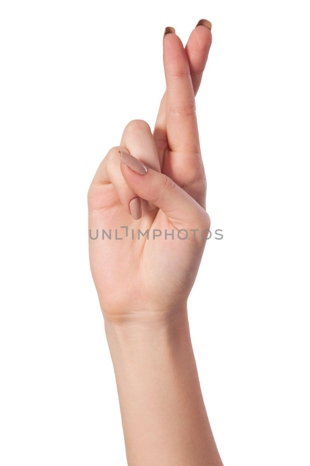 Crossed fingers symbolizing good luck isolated on a white background