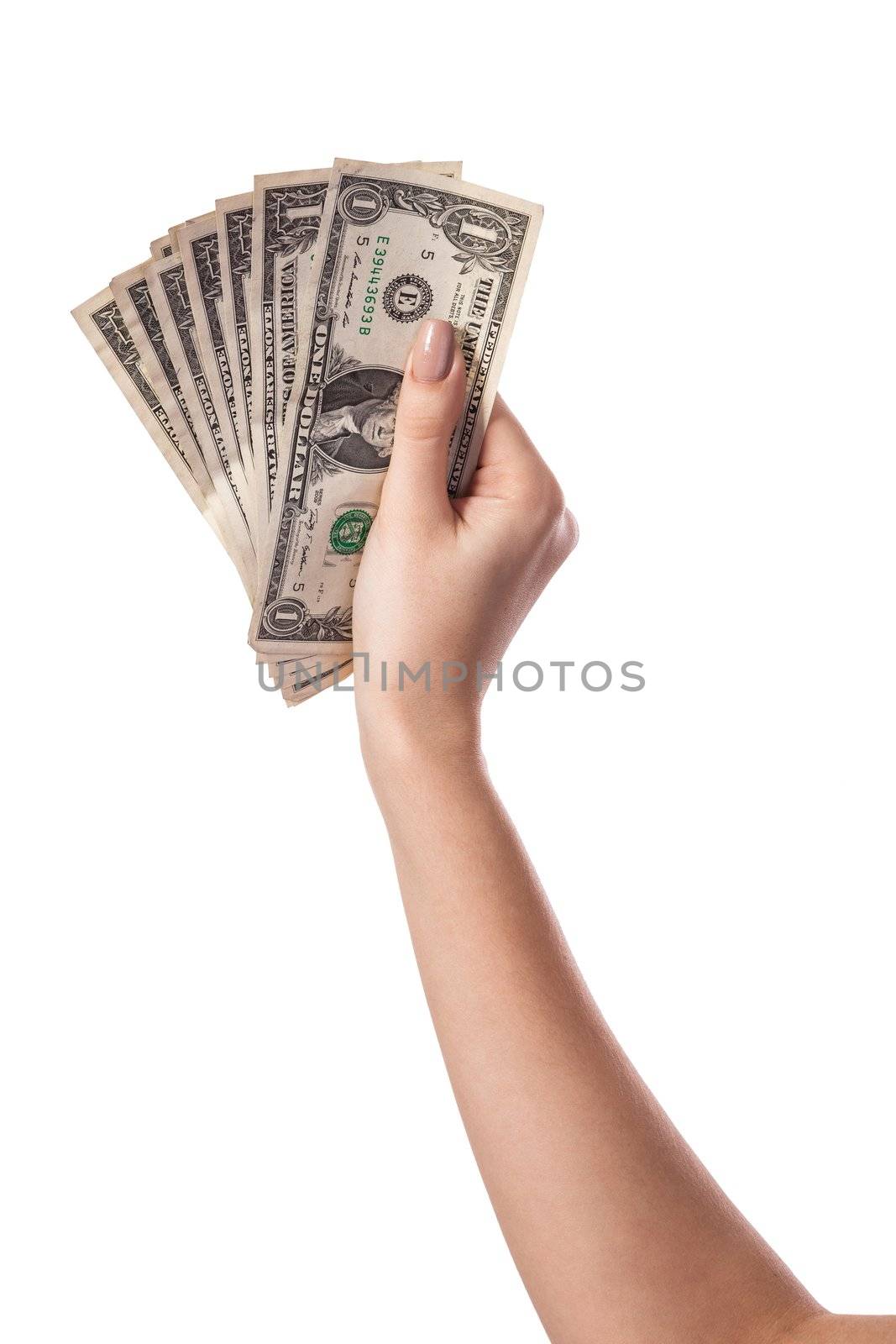 Woman hand with dollars isolated on white background