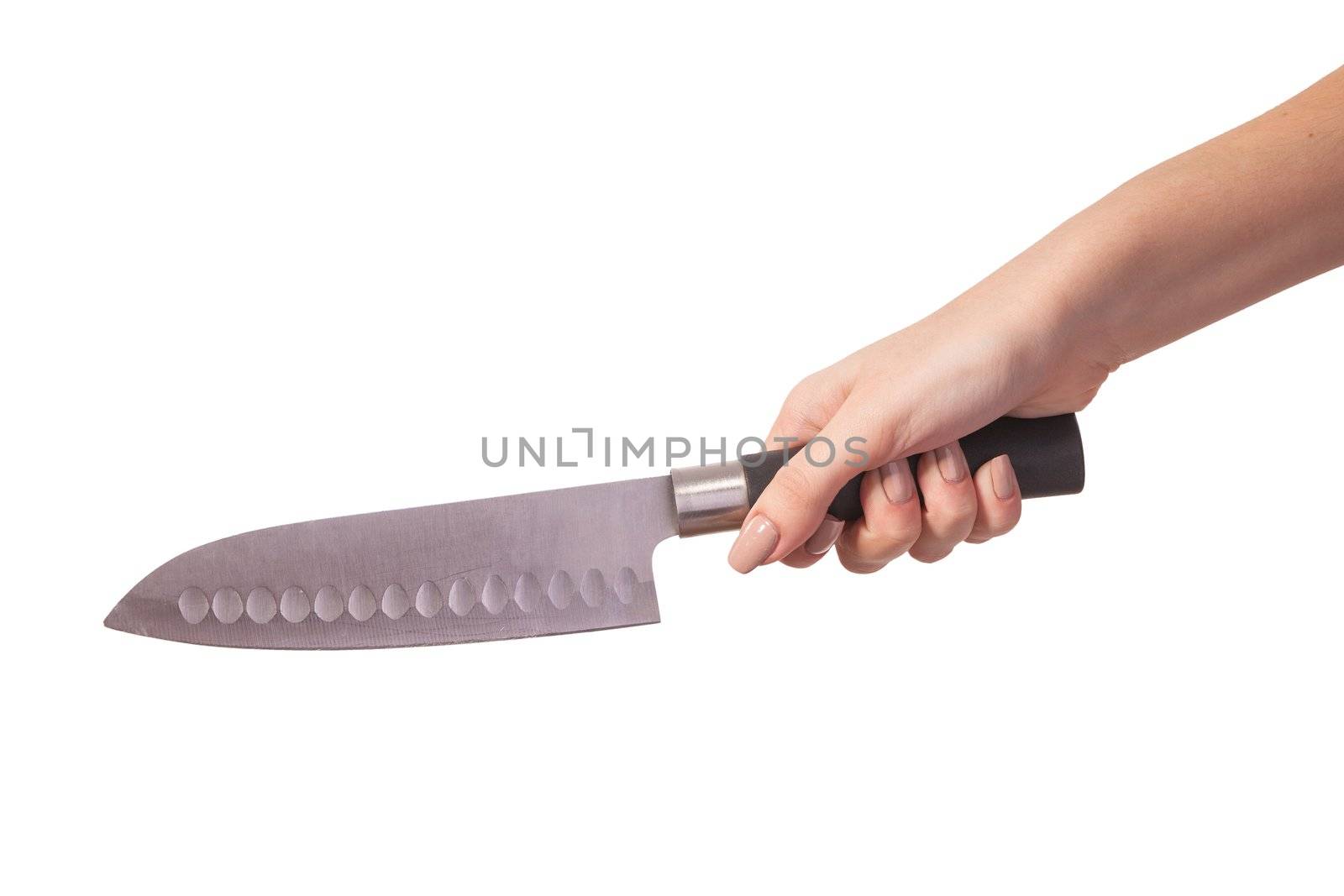 Hand is holding a kitchen kinfe isolated on a white background