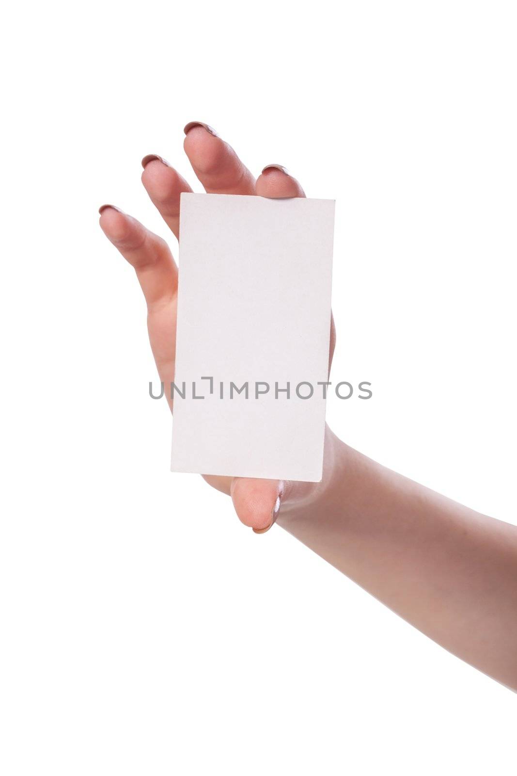 Businesswoman's hand holding blank paper business card, closeup isolated on white background