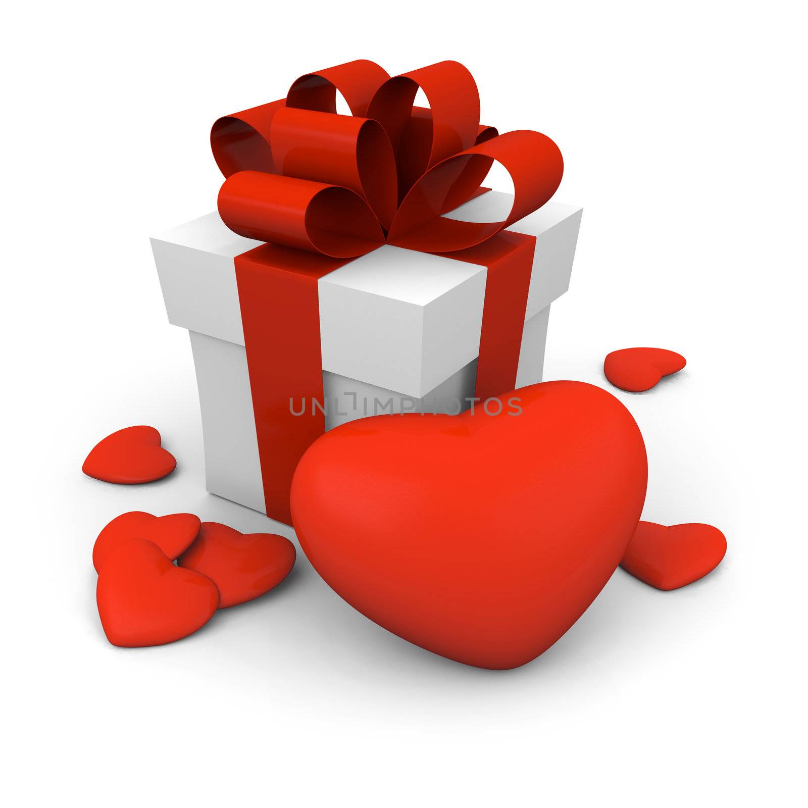 Gift box with one large and six small hearts around it