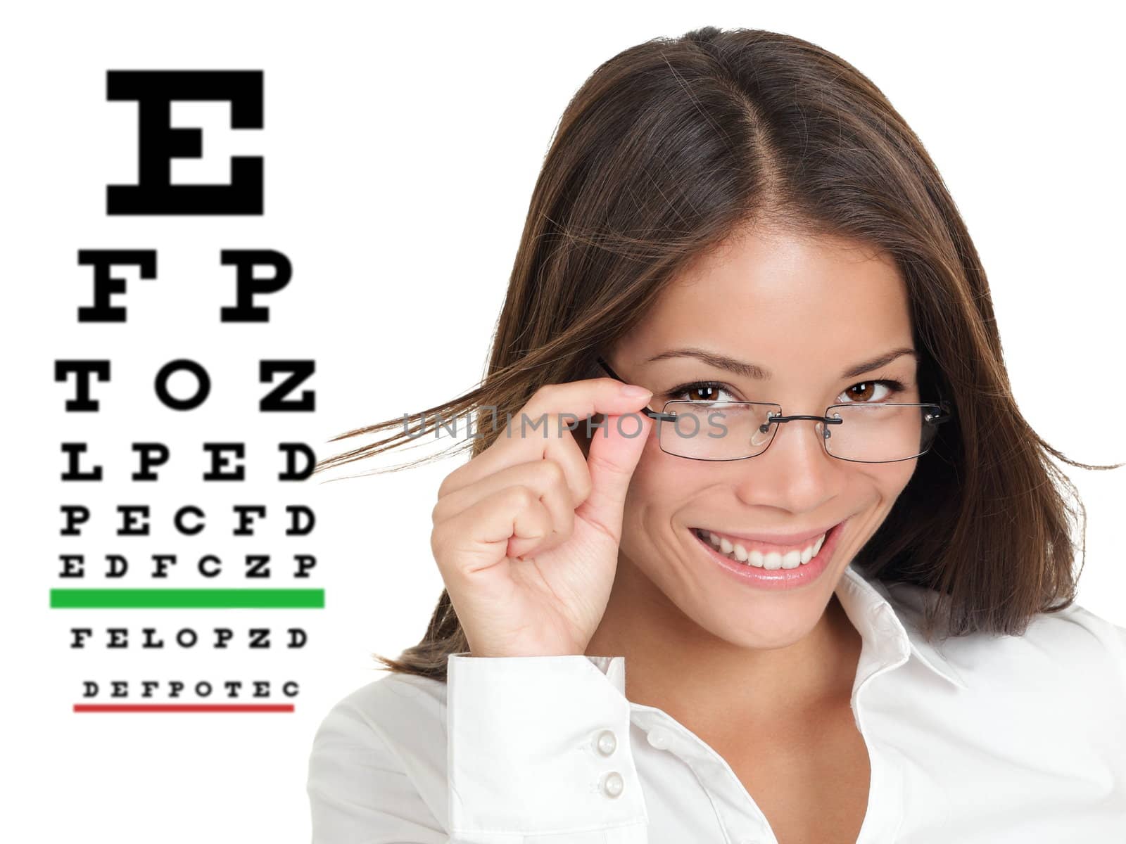Optician or optometrist wearing glasses standing by Snellen eye exam chart. Female Caucasian / Asian Chinese model isolated on white background