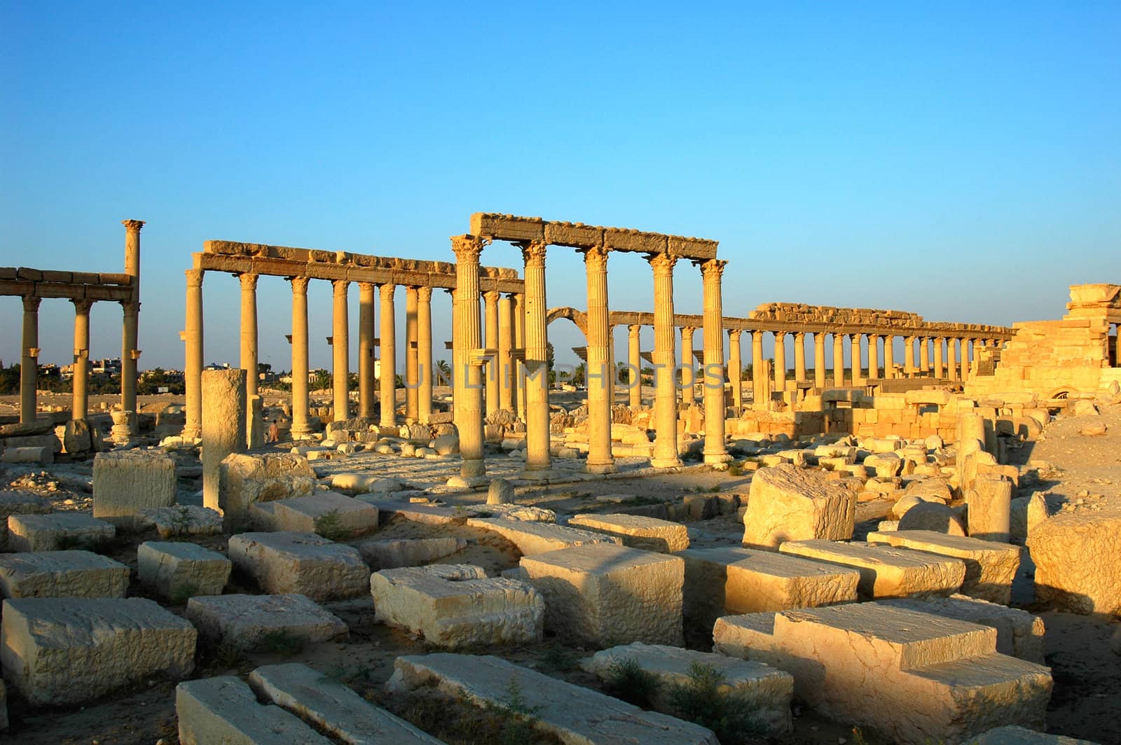 Relics Palmyra in Syria against blue sky. Ancient Roman time town in Palmyra (Tadmor), Syria.
