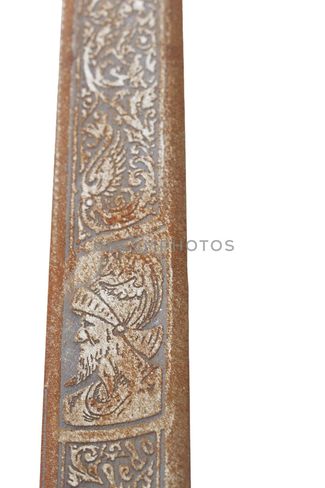 Decoration of a Blade of an old and rusty sword, on white