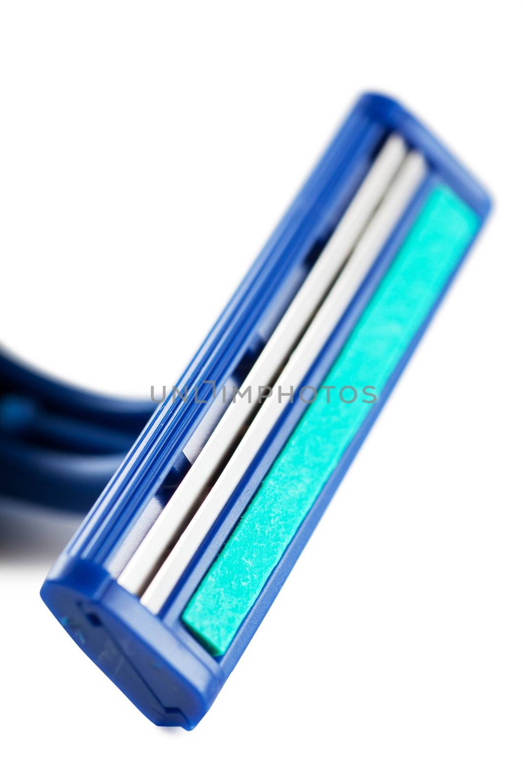 Closeup view of blue razor isolated over white