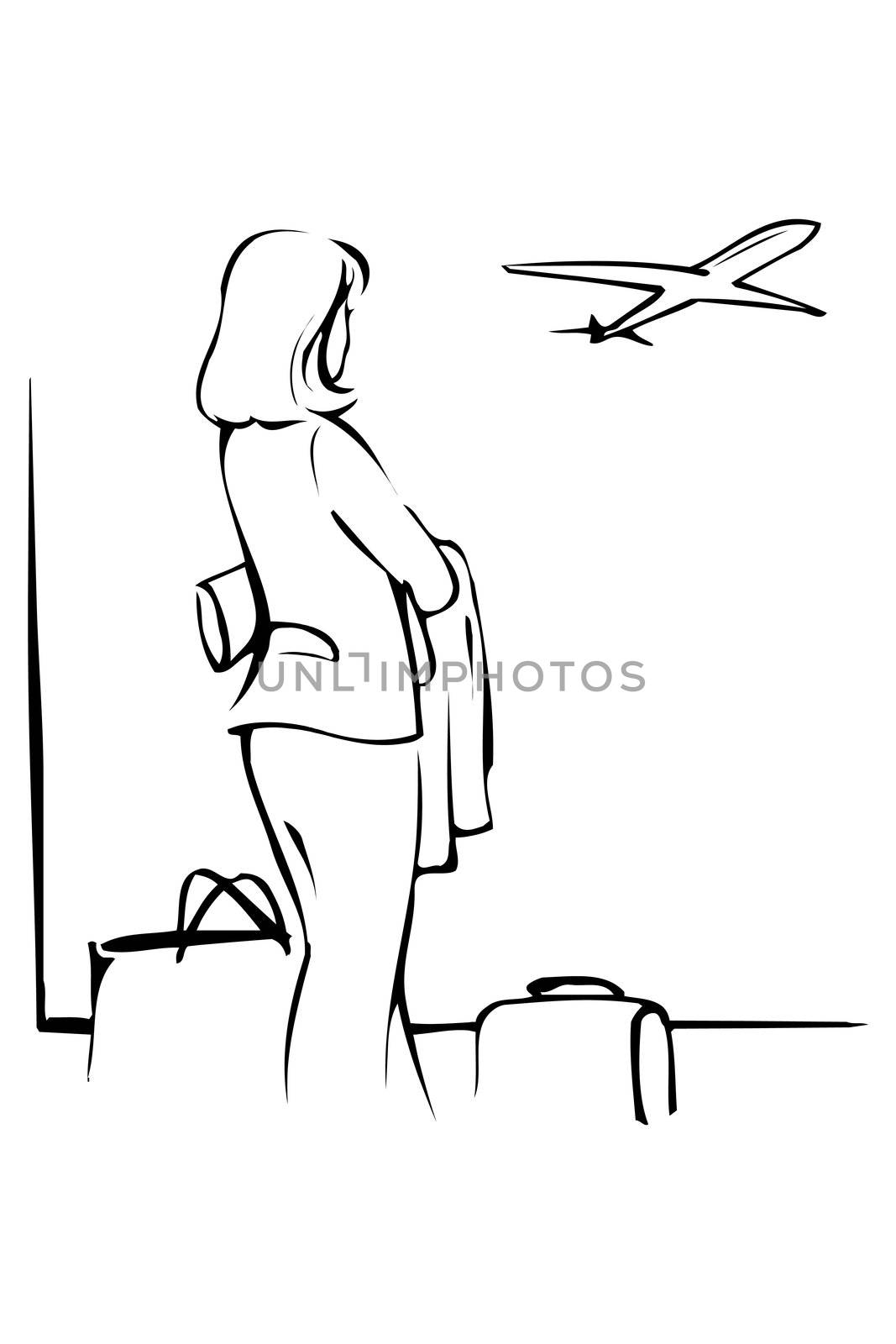 the woman at the airport looks through a window