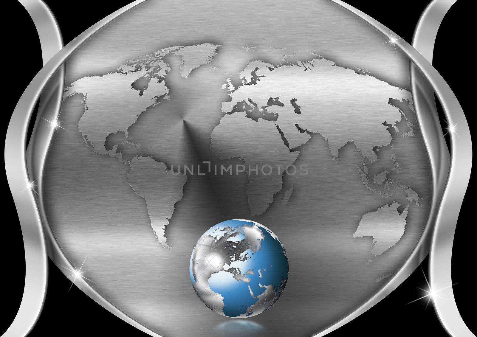 Metallic and black background with earth map and globe
