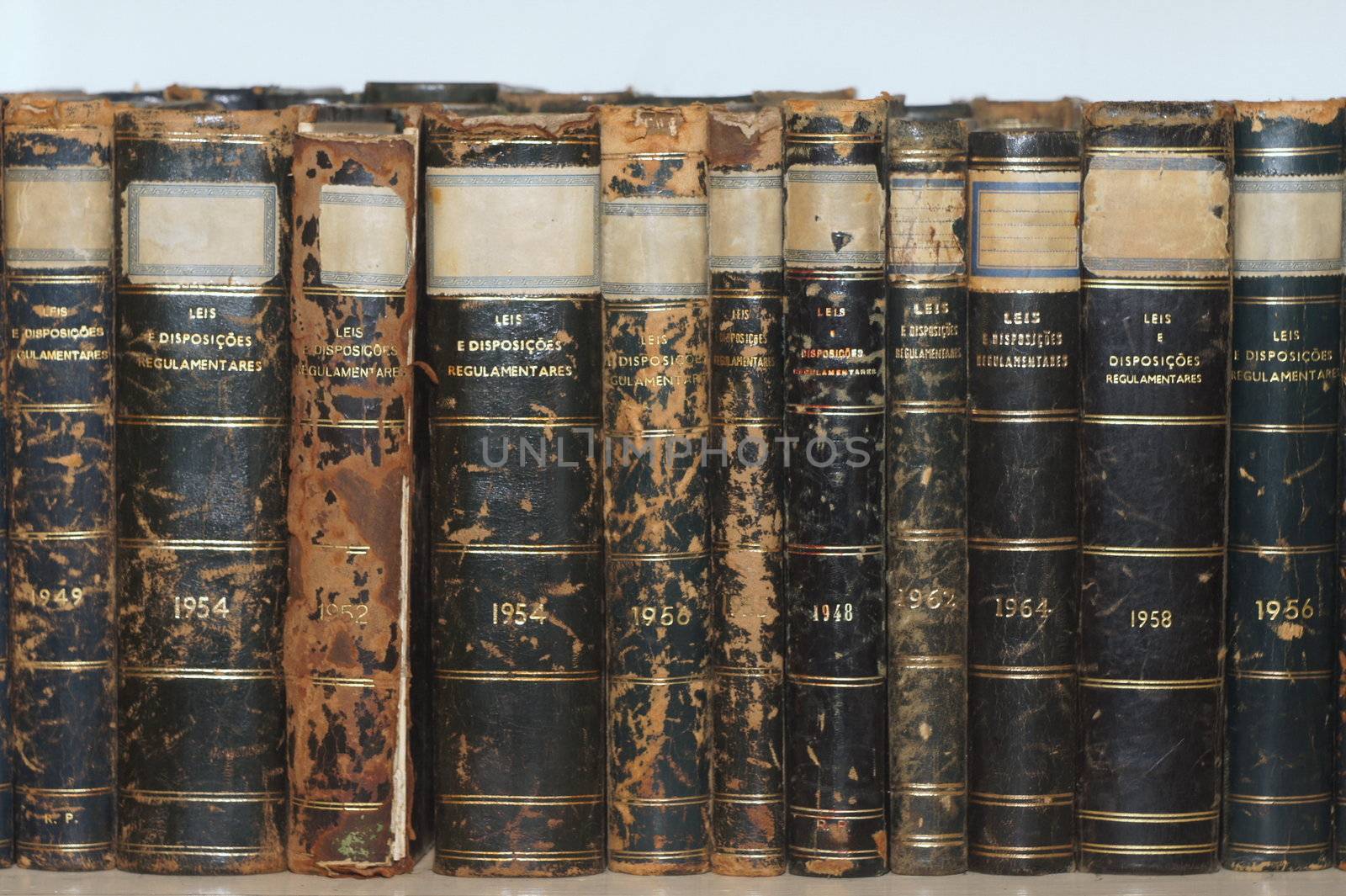 Row of old books on a bookshelf. Many of the books show lots of wear and damage from aging. The text in the book cover isn't a trademark