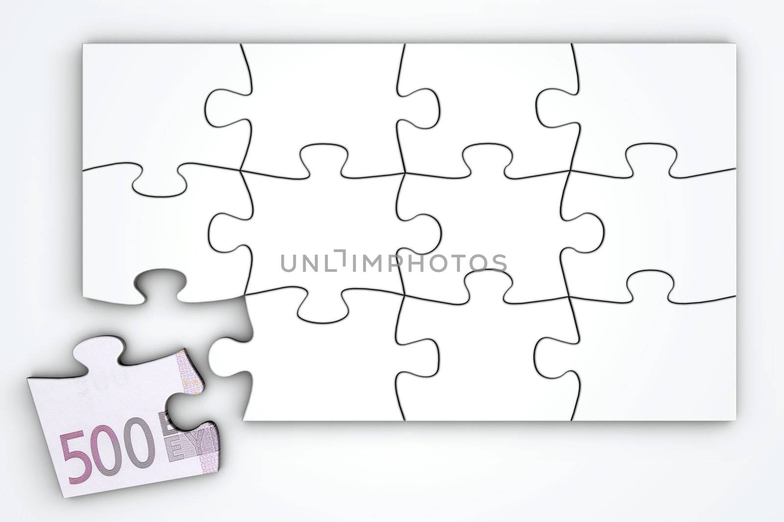 white puzzle template - one piece with 500 Euro note separately - top view