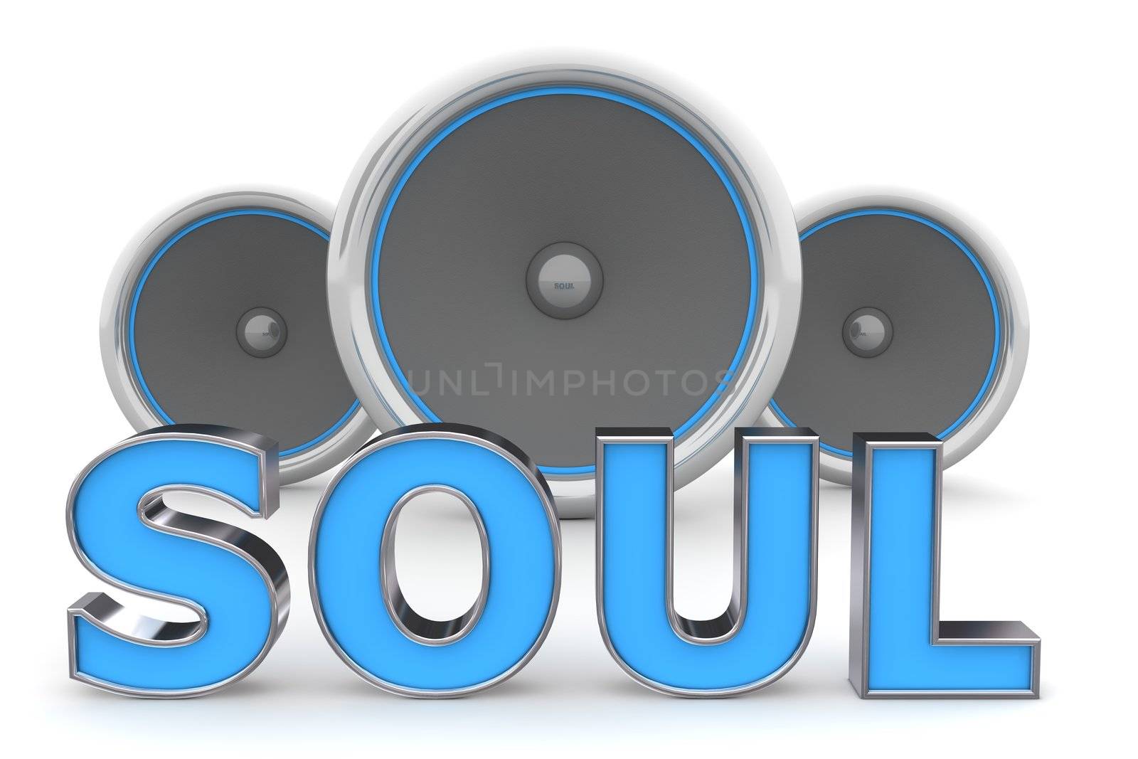 blue word SOUL with metallic outline and three speakers in background