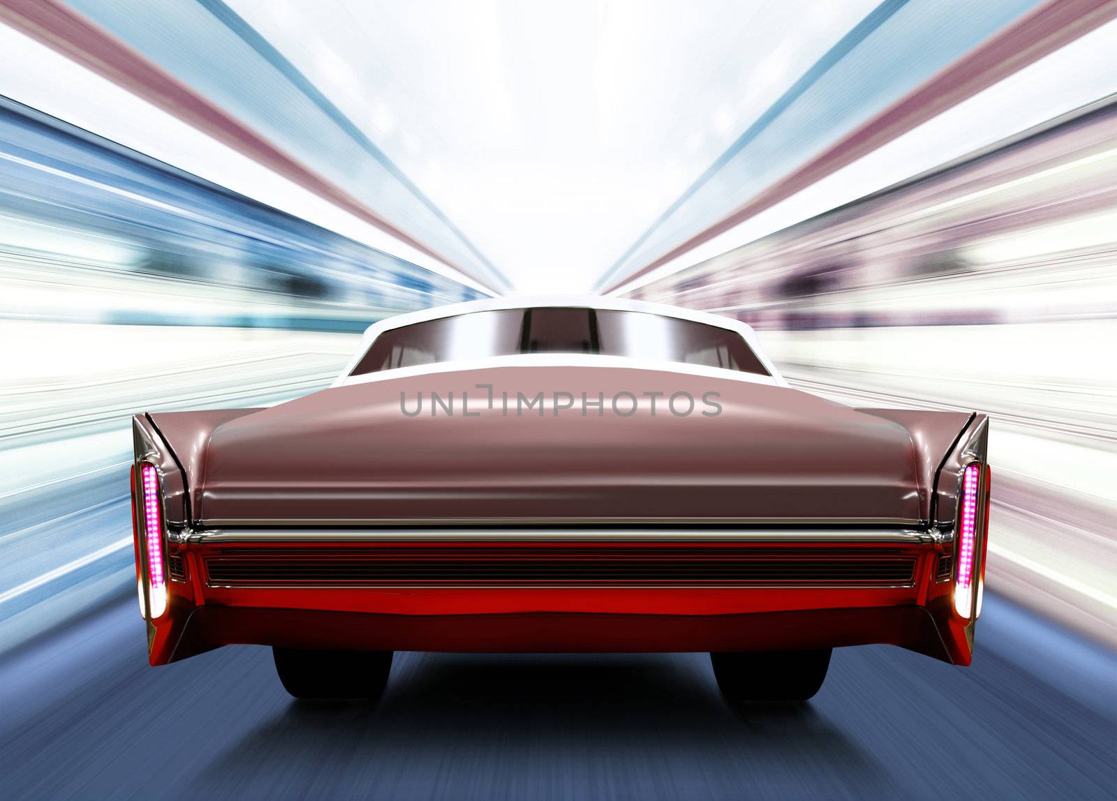 back of old car on luminous high-speed road of night city