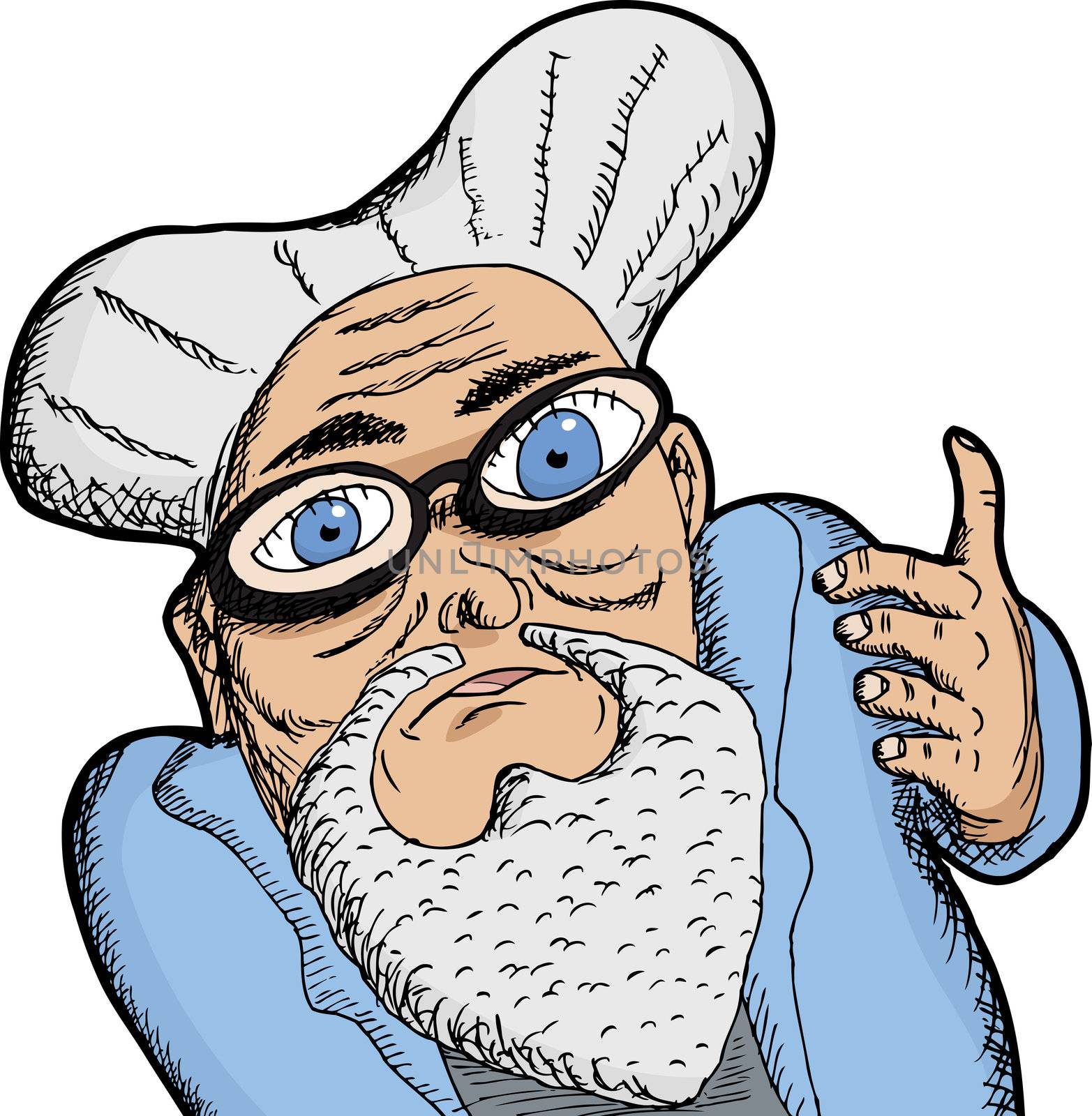 Elderly man in beard with thick eyeglasses and big eyes