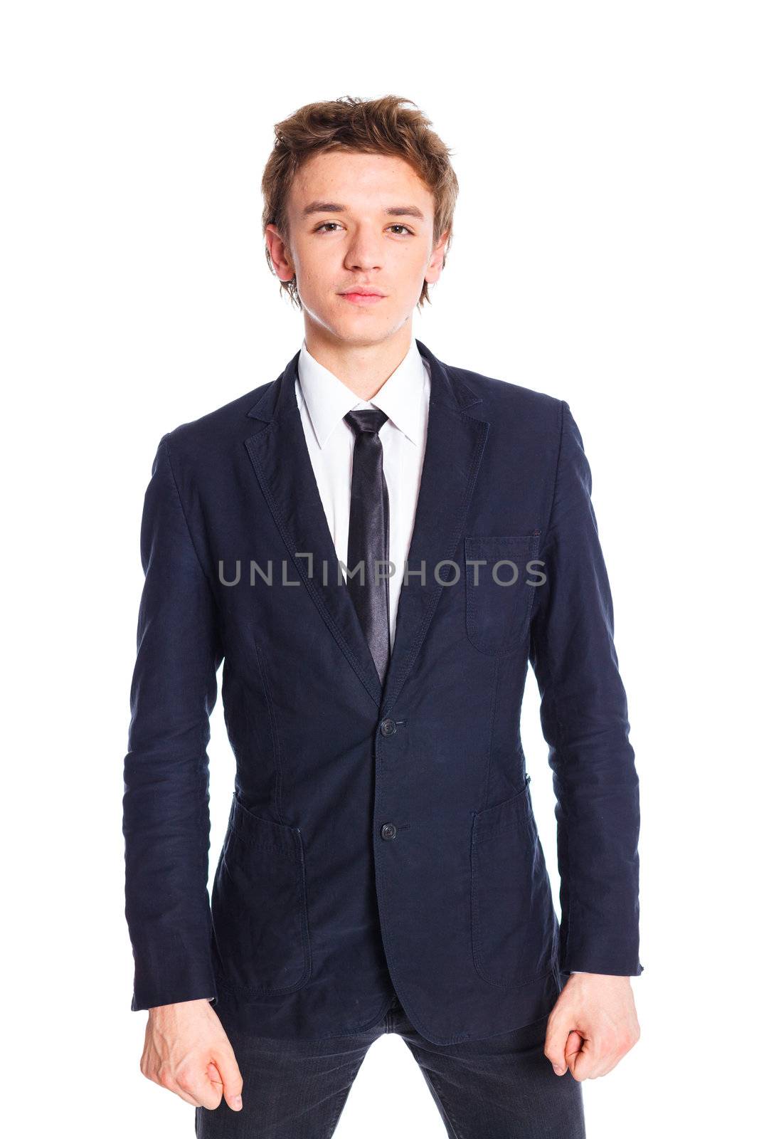 Portrait of a teenage boy in a business suit. Isolated on white background.