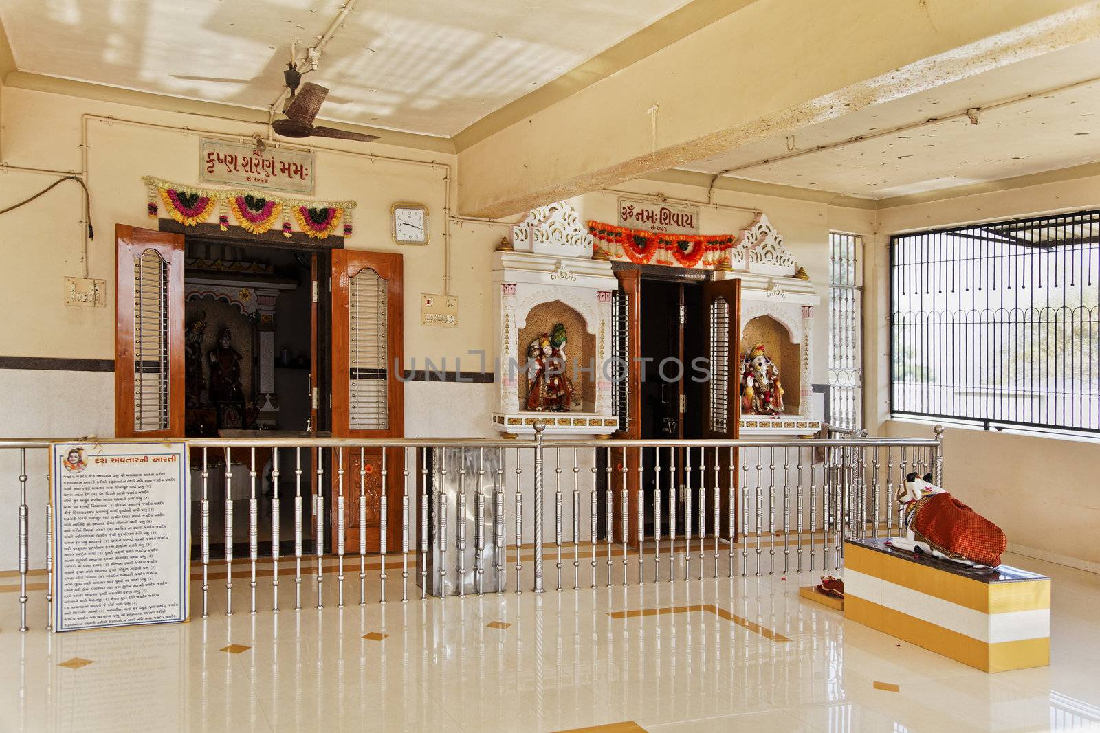 Inside the hindu temple at Dhatwa Gujarat India, idols of tortoise, cow, Hanuman, Ganesh, Ram and Sita and Laxmi