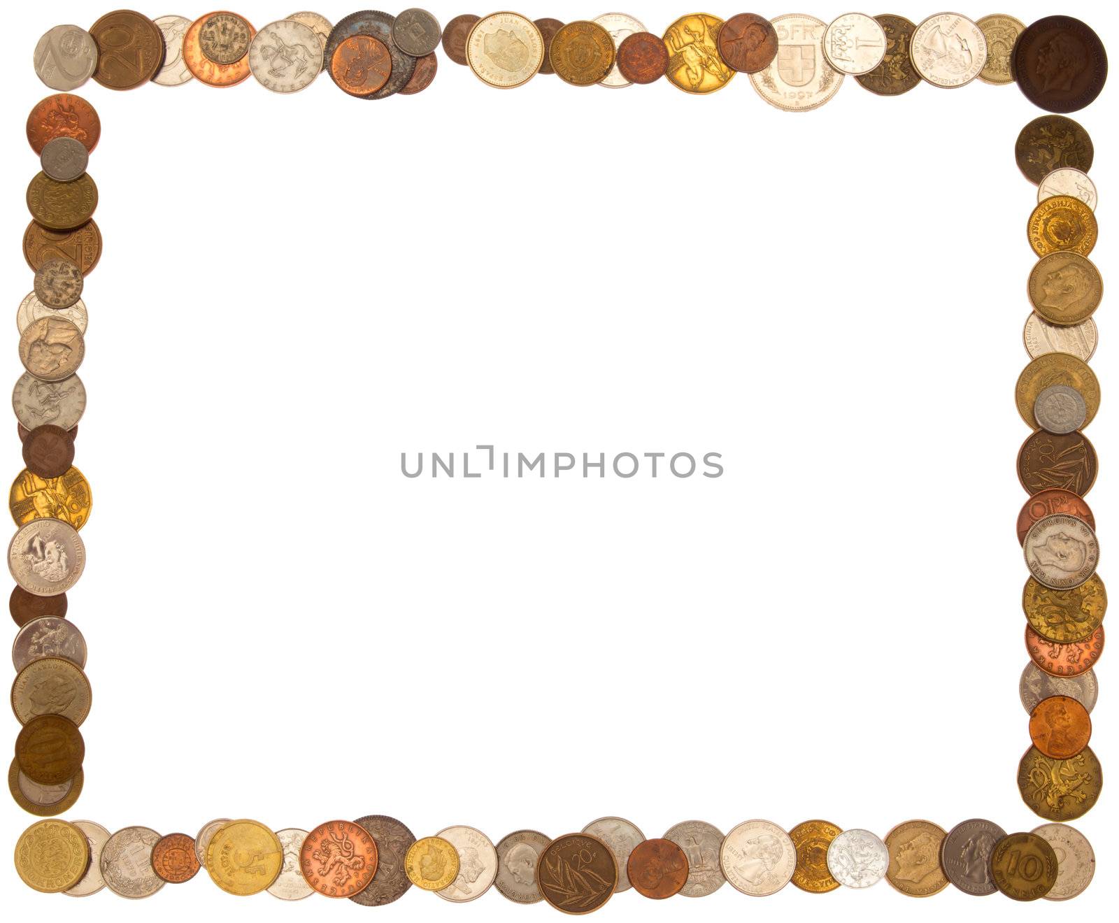 Cadre (rectangle) of coins, isolated against background