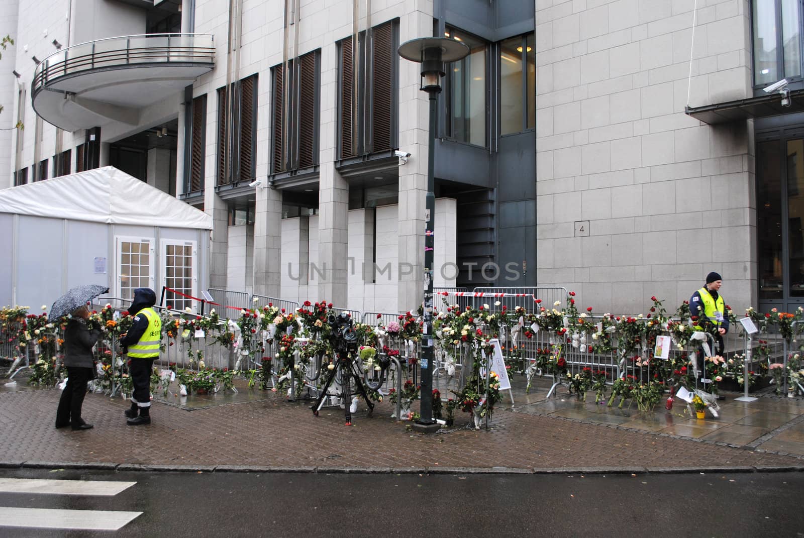 Flowers at the entrance of Oslo courthouse during the trial against terrorist Anders Behring Breivik.