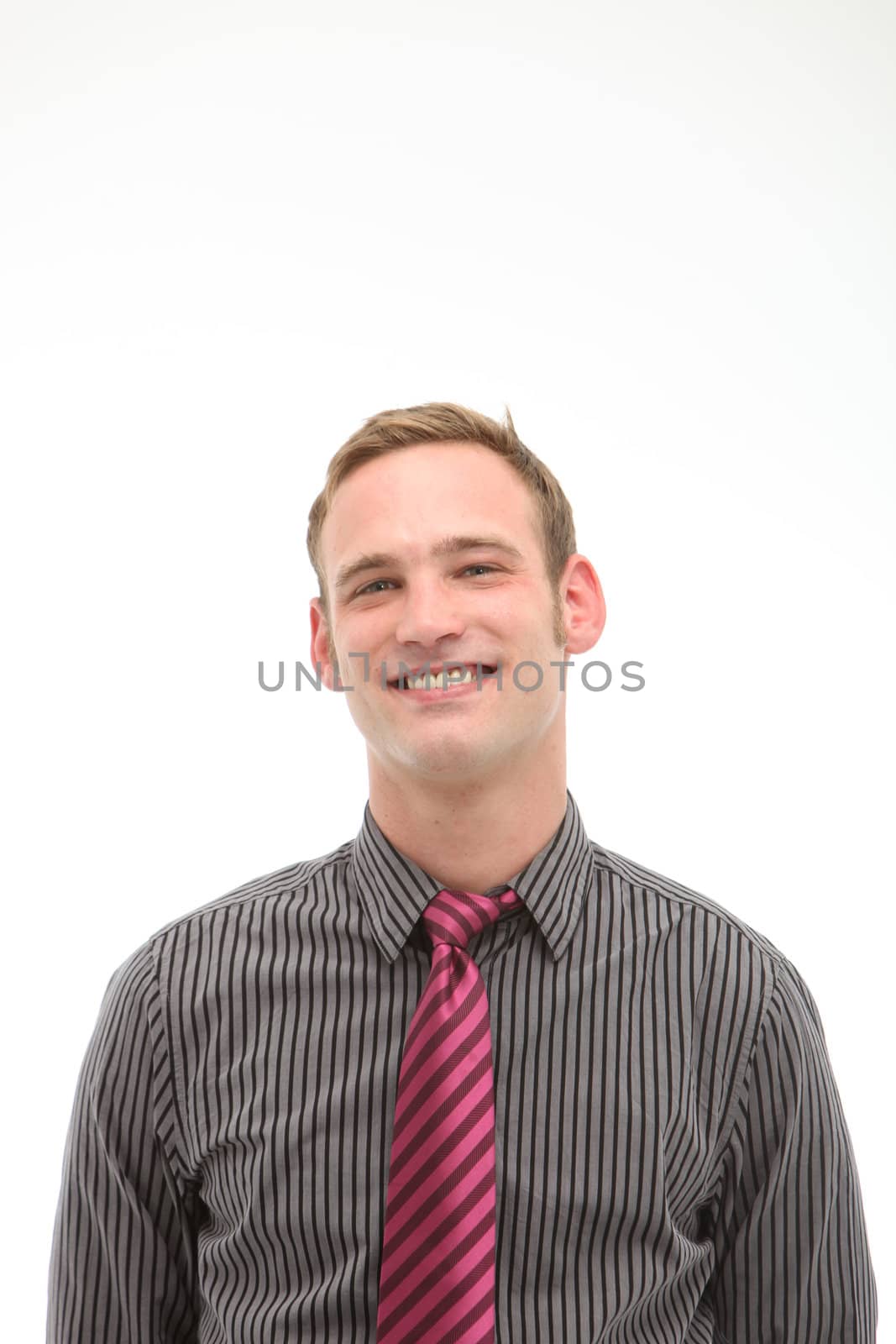 Portrait of handsome smiling man on white background with copy space