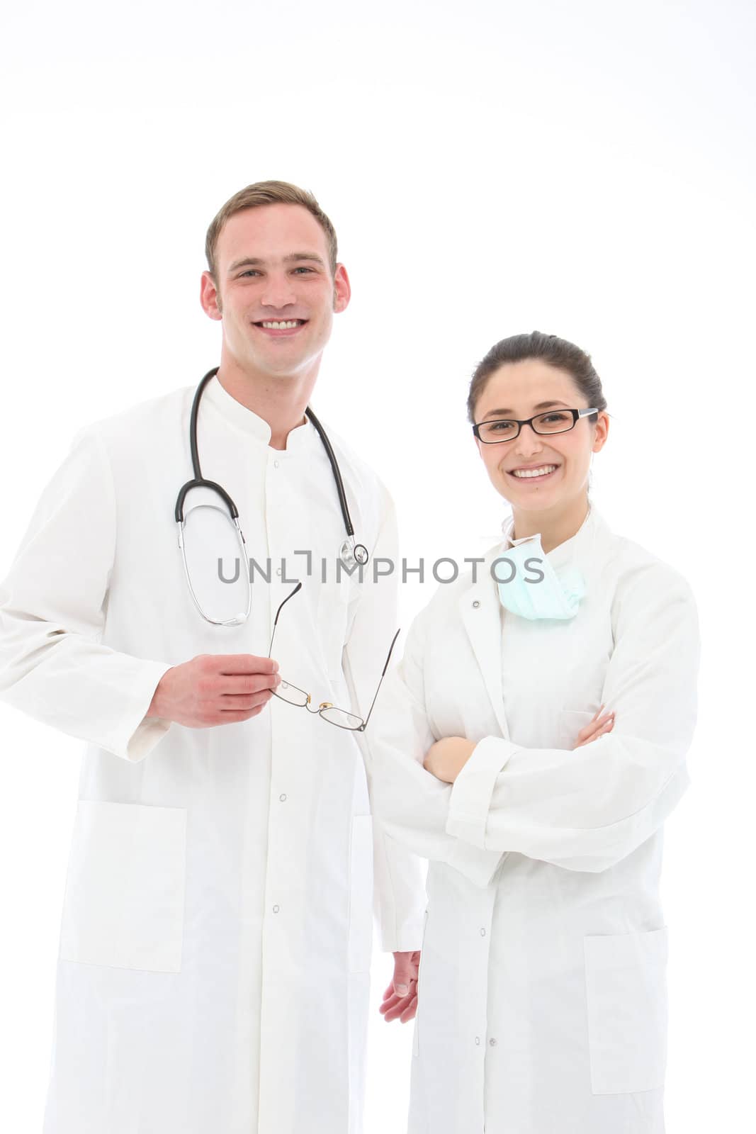 smiling Doctor and nurse standing on white background