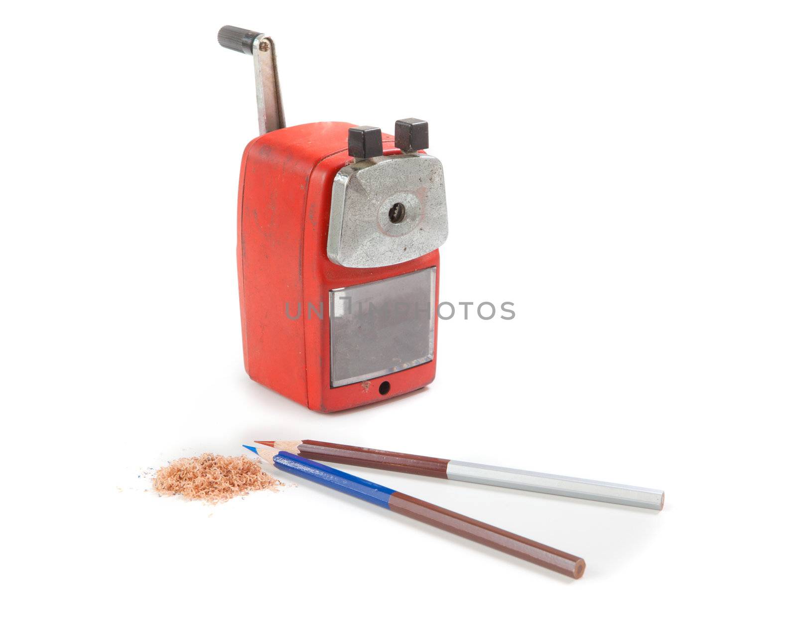 Mechanical sharpener of pencil on the white background