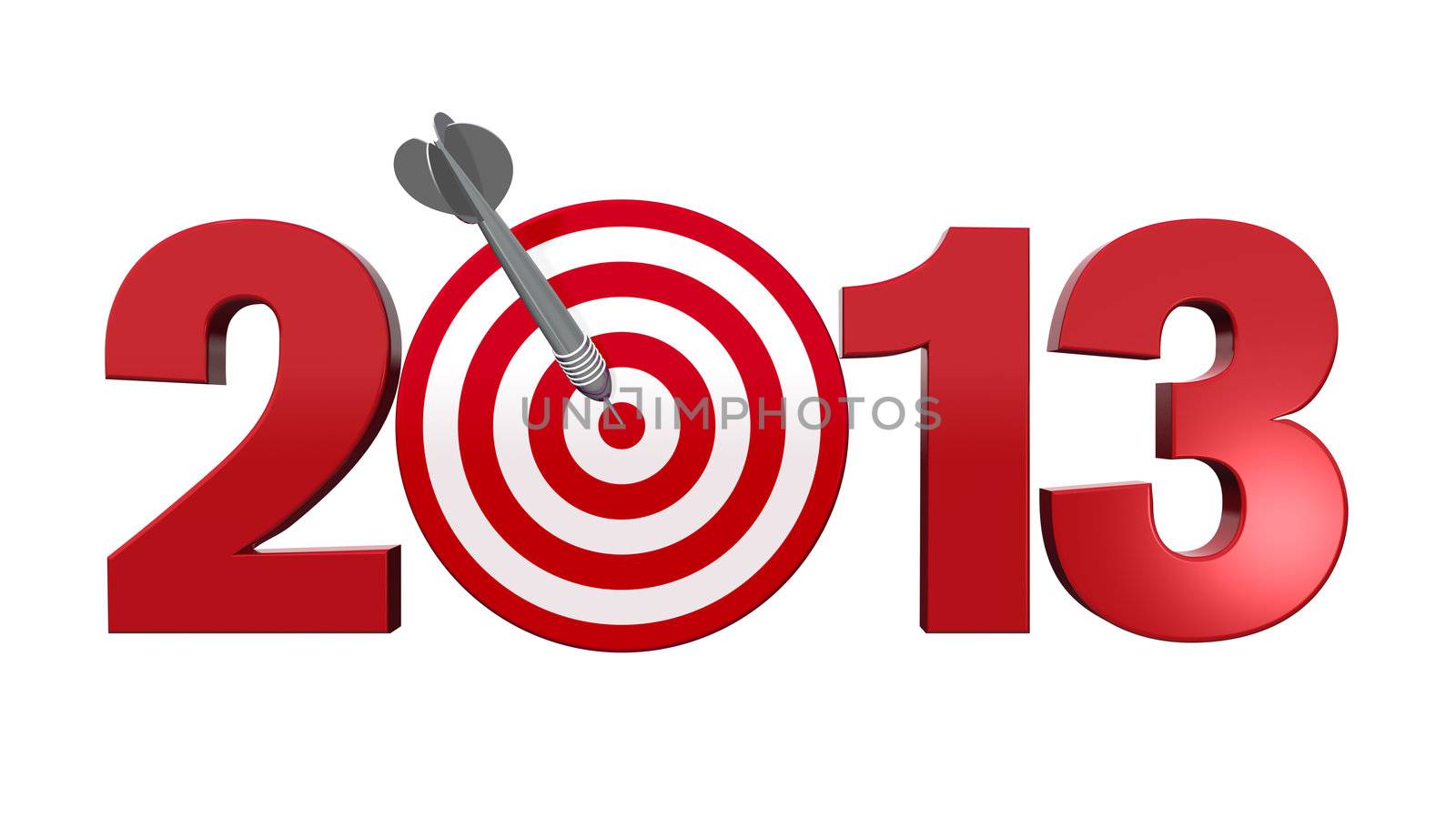 Next New Year 2013. Number with red and white target, one dart hits the center of the target - 3d render illustration - success in business concept.