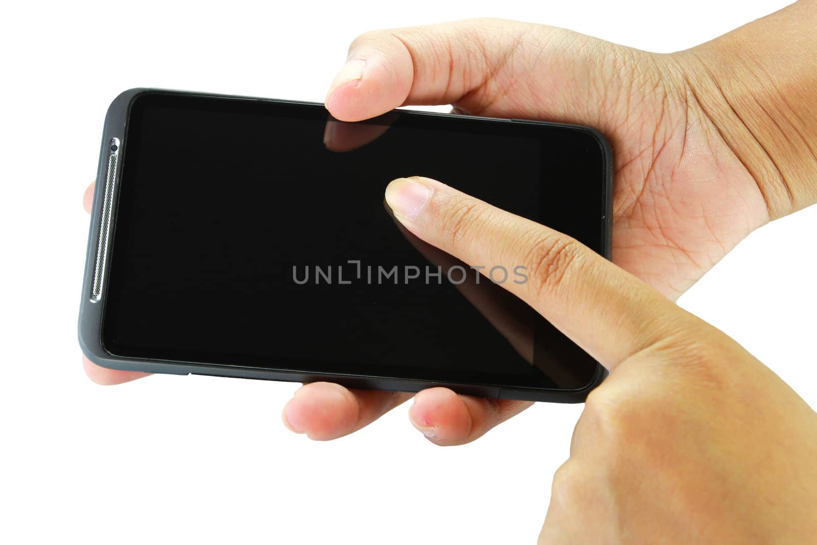Mobile phone in the hand isolated on white