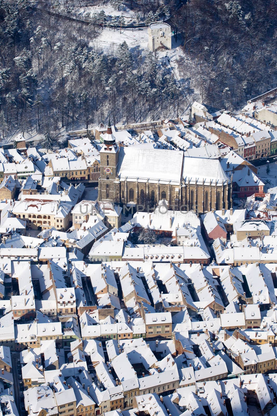 Aerial view of the gothic Black Church and defence White Tower, Brasov, Romania