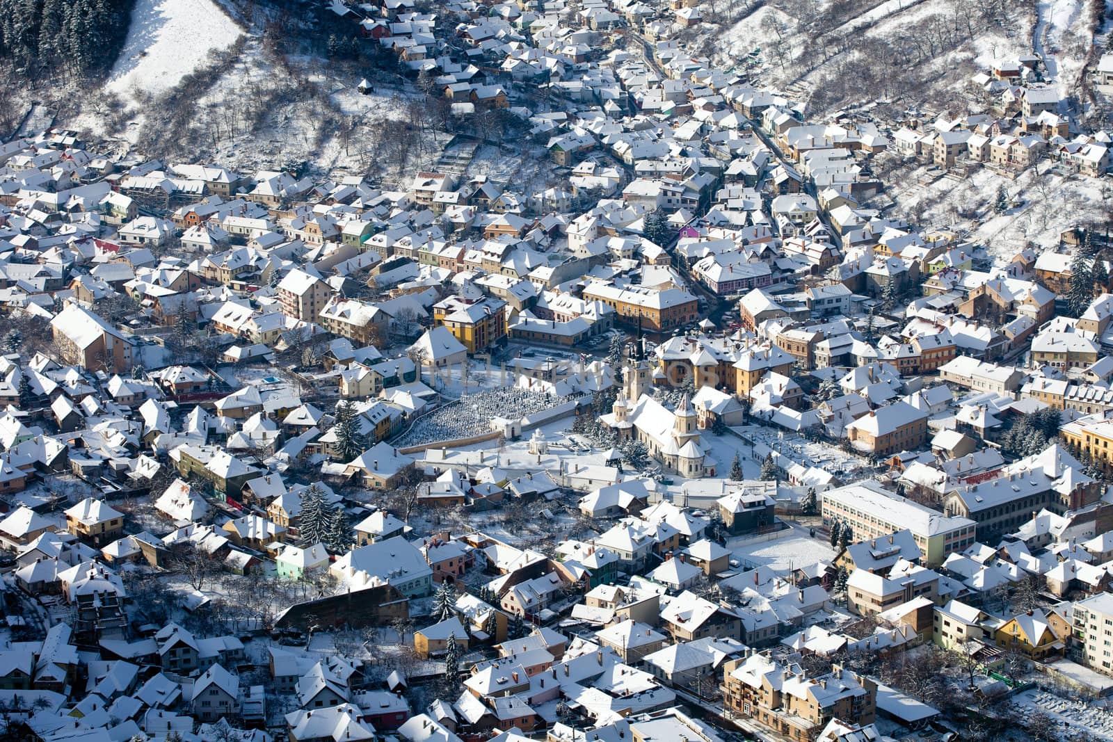 Aerial view of the Saint Nicholas Church and old part of the city called Scheii, Brasov, Romania