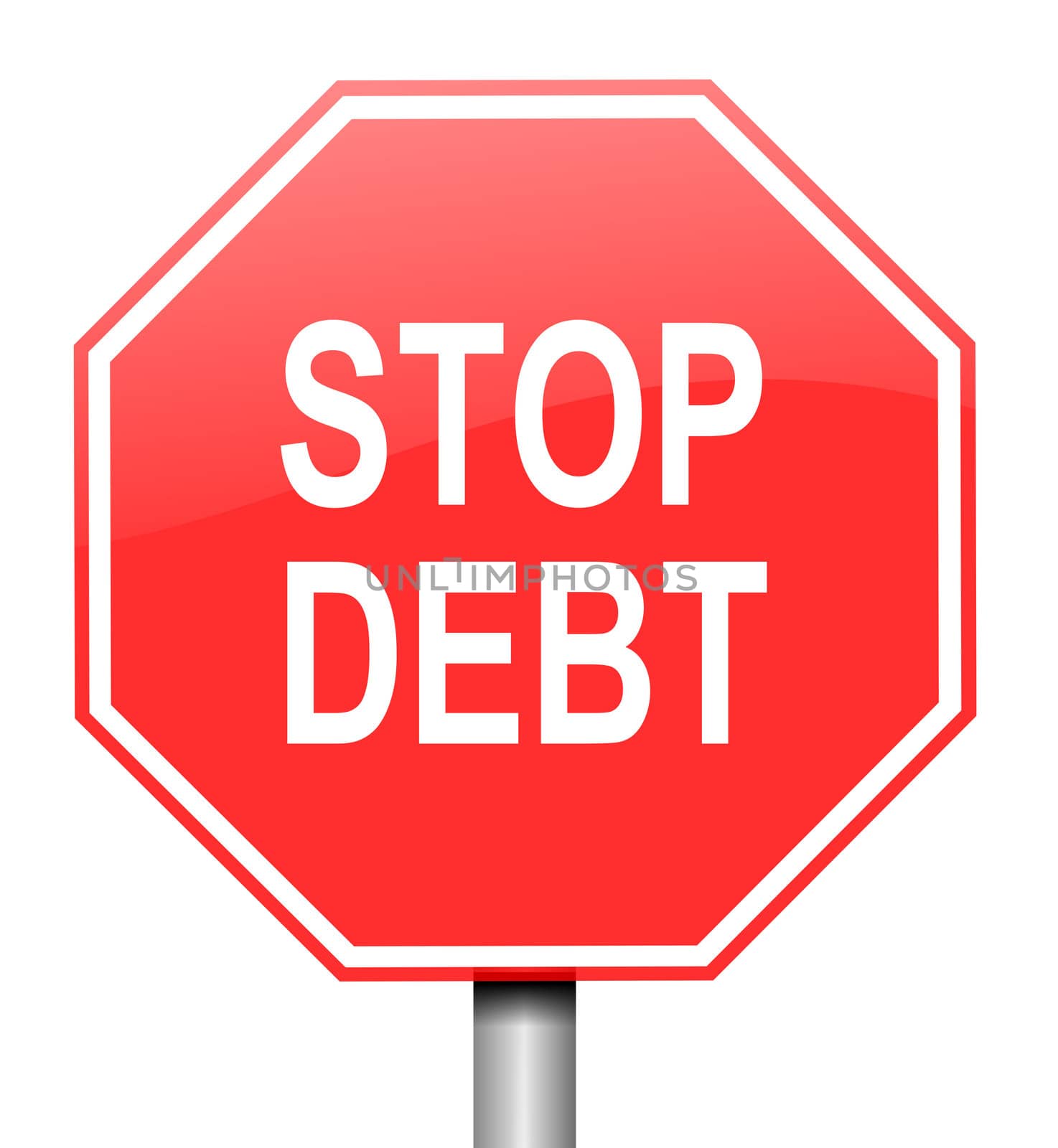Illustration depicting red and white warning road sign with a debt concept. White background.