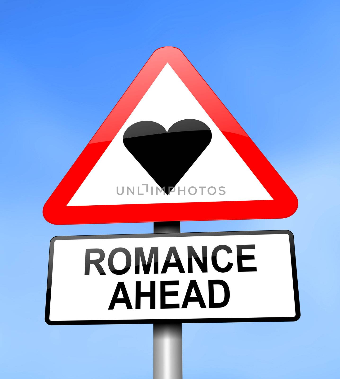 Illustration depicting red and white triangular warning road sign with a romance concept. Blue blurred background.