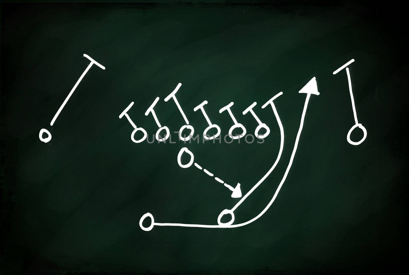 A chalk drawing of a football play. Has remnents of chalk and it is very high quality.