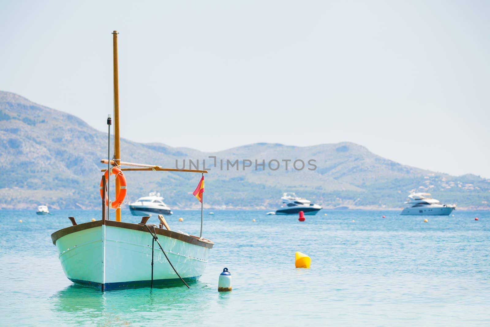 White boat at anchor in the bay of the Mediterranean Sea, Majorca