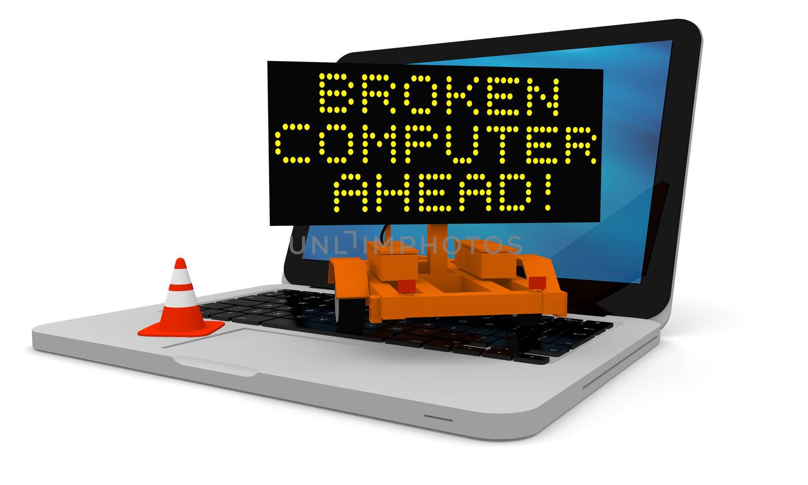 Roadworks cart on laptop displaying broken computer warning