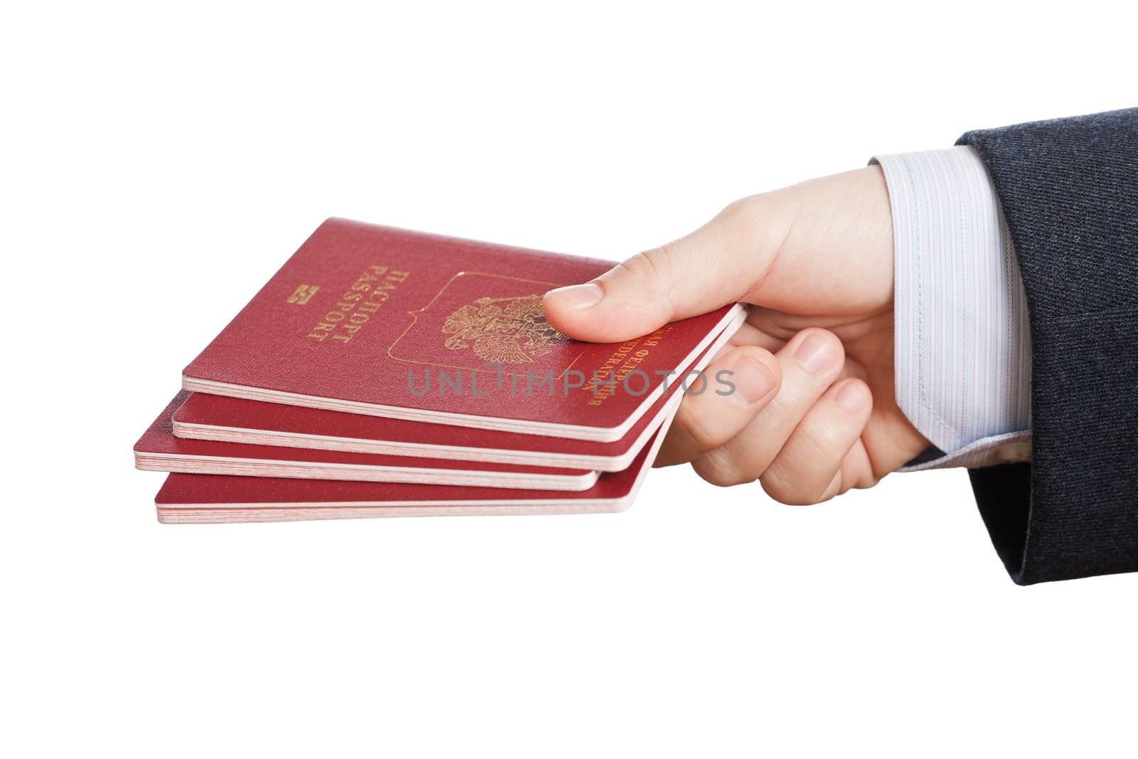 Business man hand holding international passport ID document for person identification