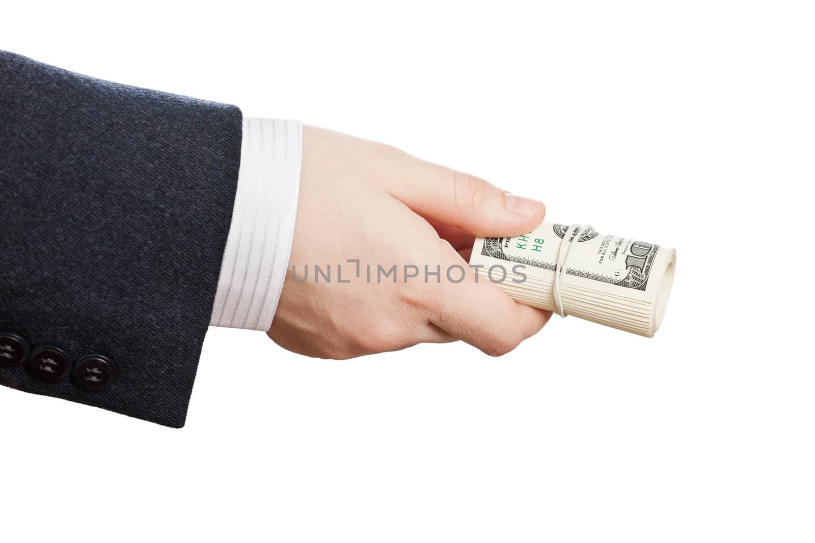 Business man hand holding rolled up paper dollar currency