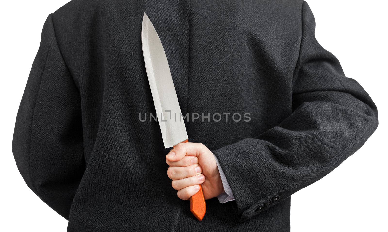 Murderer human hand holding sharp steel kitchen knife weapon