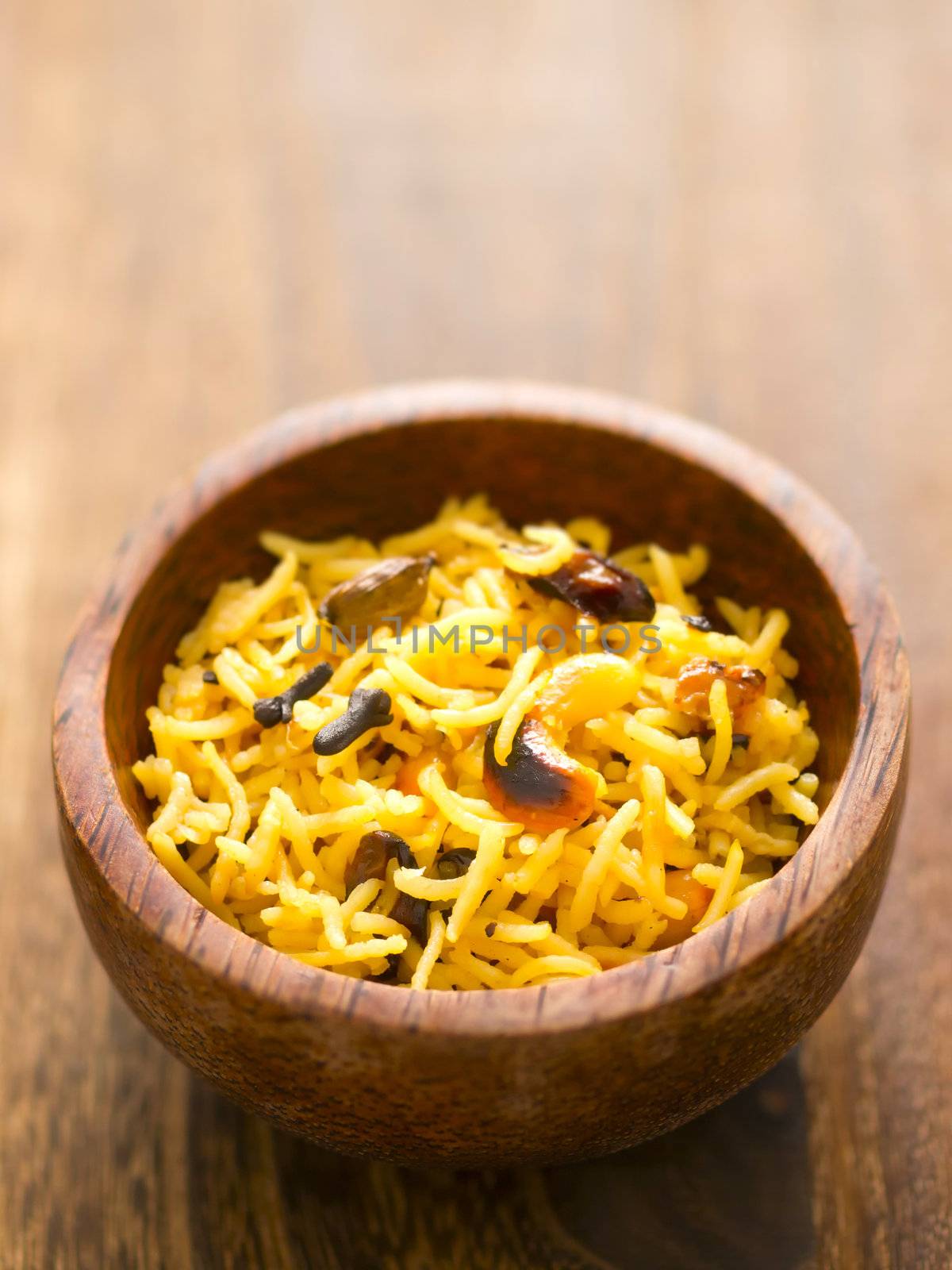 close up of a bowl of indian turmeric rice