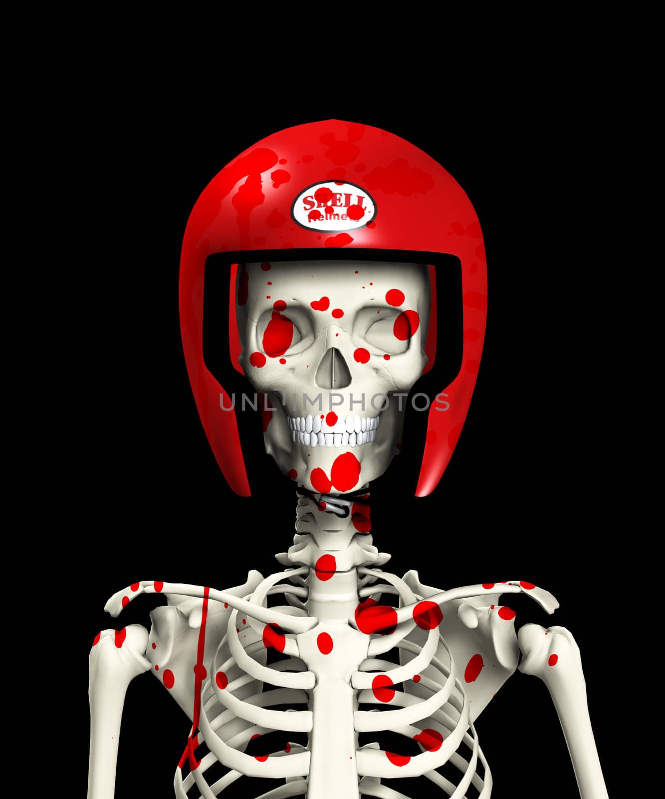 A bloody skeleton that is wearing a protective helmet.